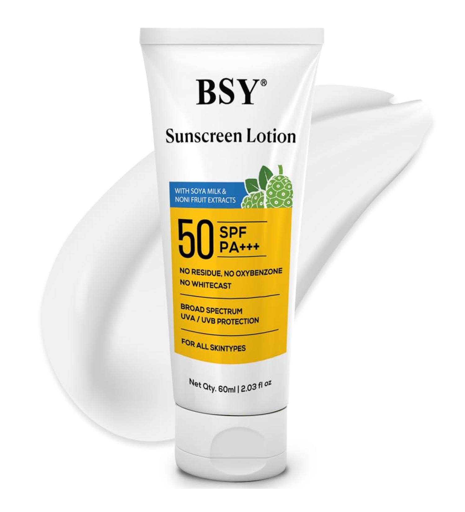 BSY Noni Sunscreen Lotion | SPF 50 PA+++ | Noni and Soy Milk Extract | No White Cast | Broad Spectrum UVA/UVB | For All Skin Types | For Women & Men 60ml (2.03 fl oz) - Buy Online on GoSupps.com