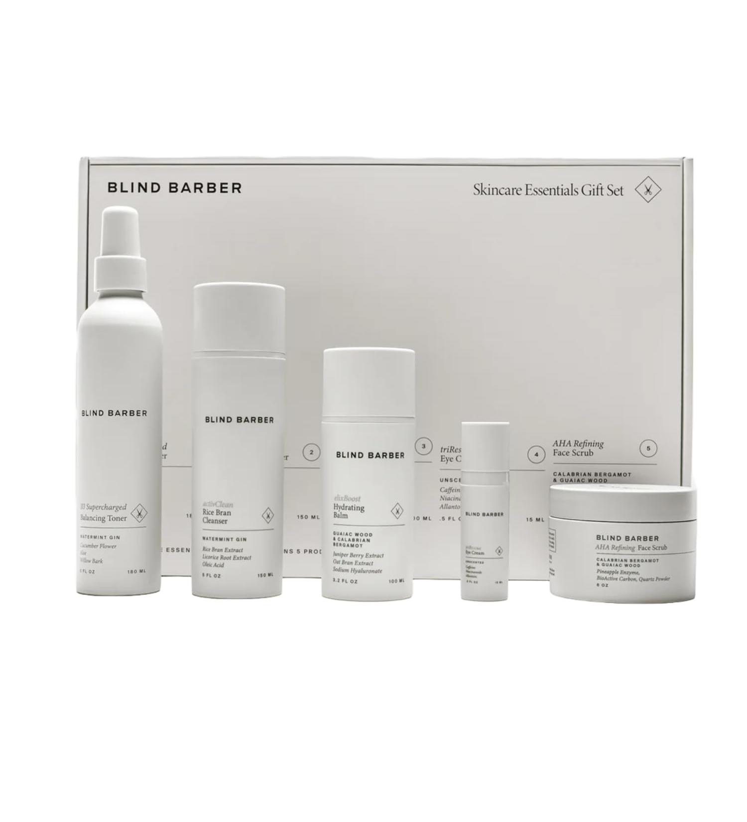 Blind Barber Regimen Skin Care Set - Face Scrub, Under Eye Cream, Supercharged Face Toner, Rice Bran Facial Cleanser & Hydrating Balm - 5 Mens Skin Care Products for Daily Use - (5 Count) - Buy Online on GoSupps.com