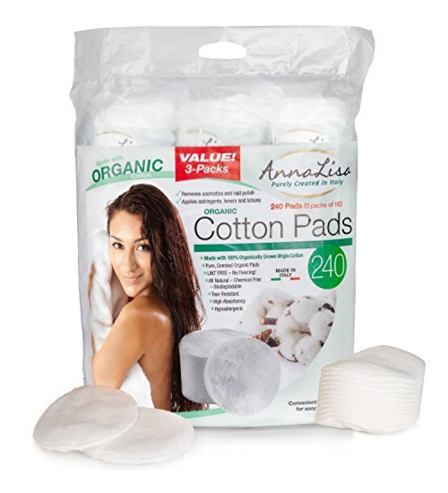 AnnaLisa 100% Pure ORGANIC Combed Cotton Pads for Makeup/Nail Polish Removal |240-Piece Italian Round Facial Cleansing| 3 Packs of 80 Hypoallergenic & Absorbing Cotton Rounds for Face closed ends