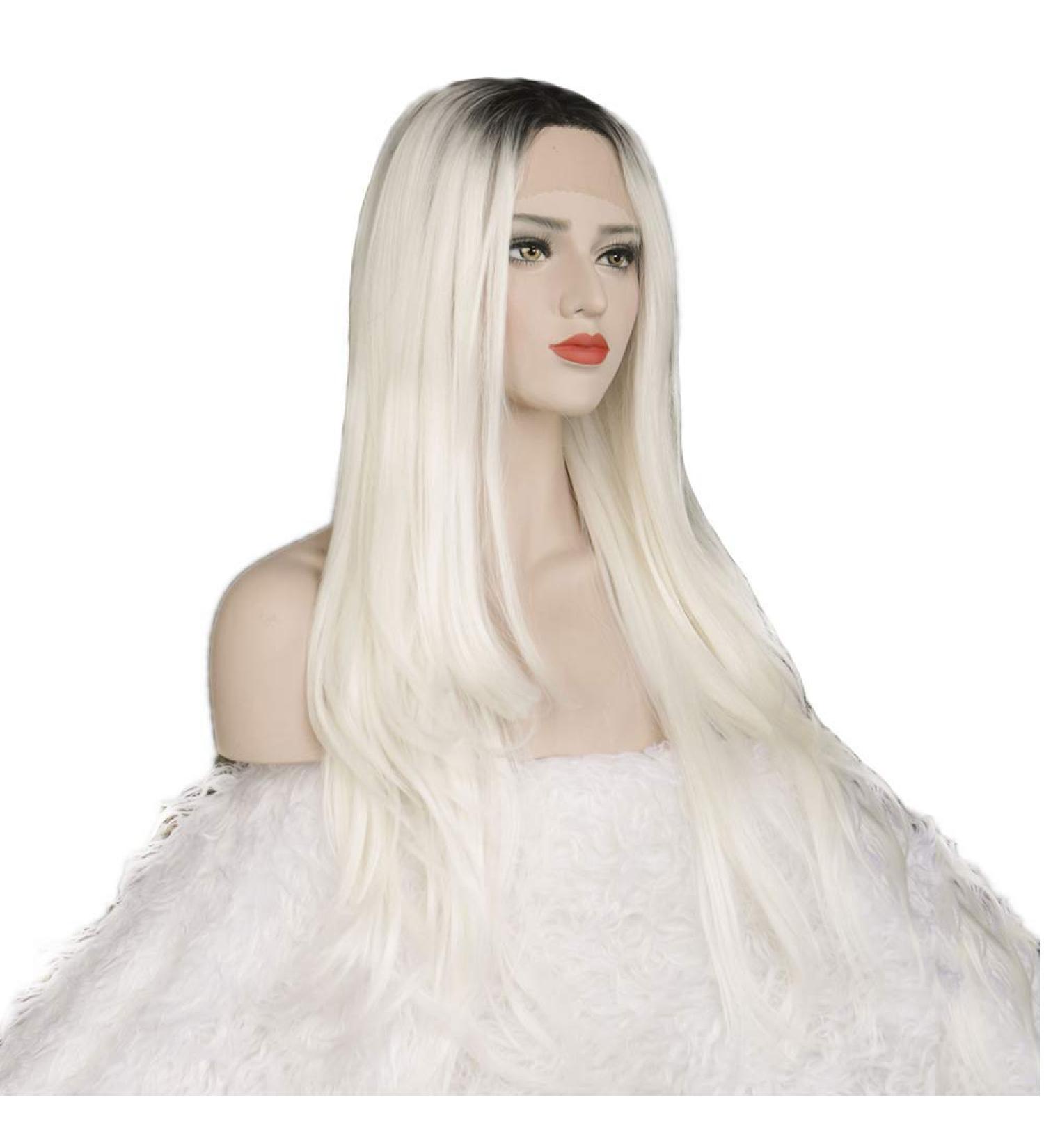SHIYID Women s White Long Synthetic Lace Front Wig - Natural Straight Wig with Dark Roots & Middle Parting - Buy Online on GoSupps.com