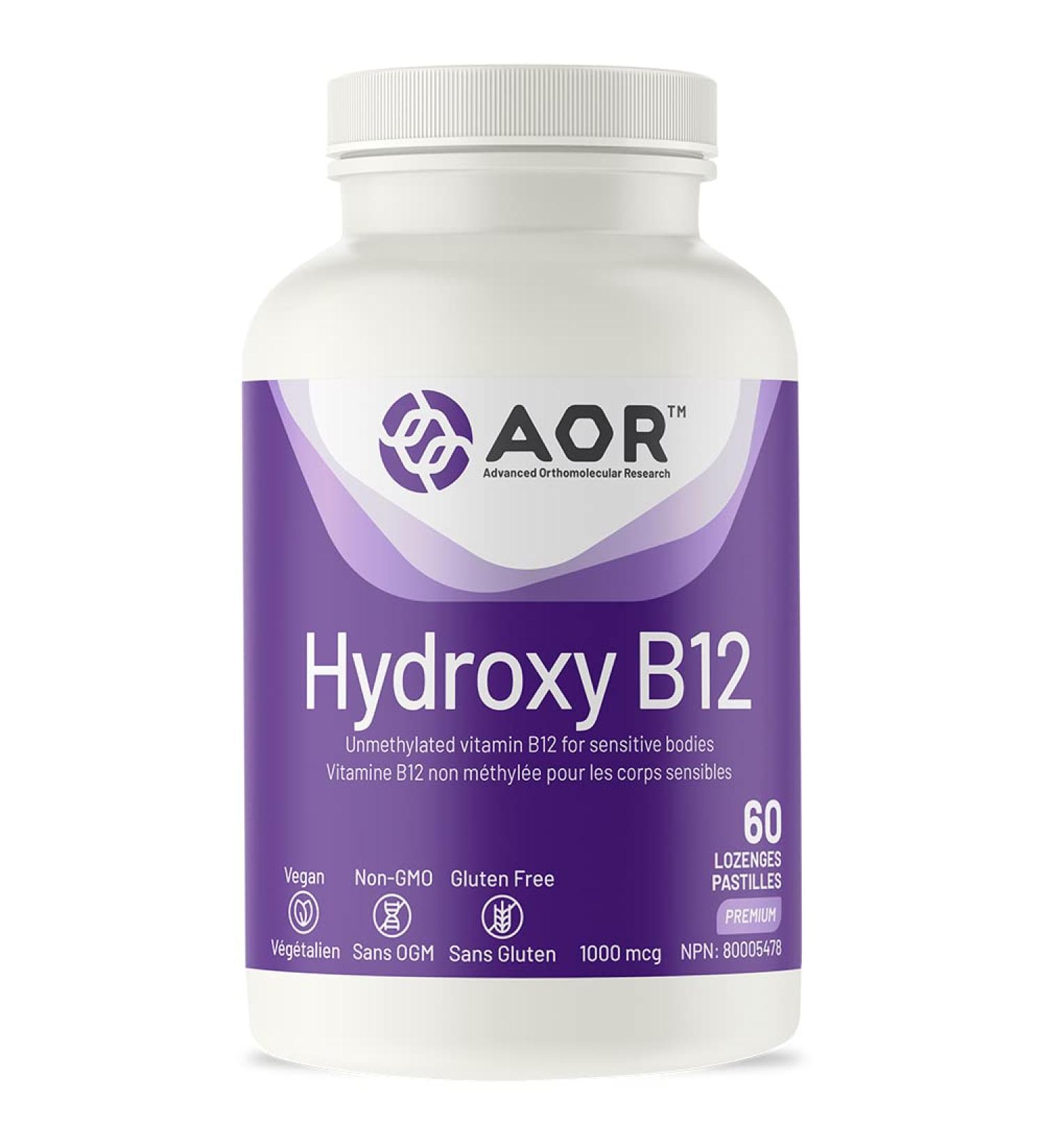 AOR Hydroxy B12 1000mcg 60 Lozenges - Hydroxocobalamin Vitamin B12 Supplement for Energy Metabolic Support & Overall Well-being - Ideal for Sensitive Individuals - Unmethylated B12 for Men & Women - Buy Online on GoSupps.com
