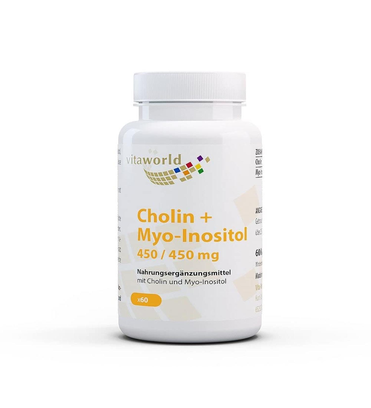 Pack of 3 Vita World Choline 450 mg + Myo-Inositol 450 mg 3 x 60 Capsule Choline Bitartrate Vegan Made in Germany - Buy Online on GoSupps.com