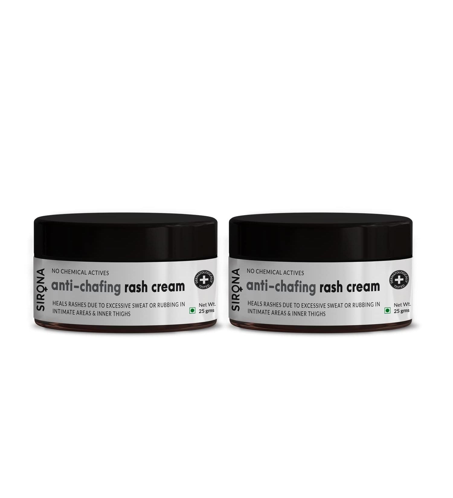 Sirona Natural Anti Chafing Rash Cream - 25gm (Pack of 2) | Skin Healing Cream with 5 Magical Herbs | Soothes & Prevents Rashes from Sanitary Pads, Heavy Thighs, Sports & Running - Buy Online on GoSupps.com