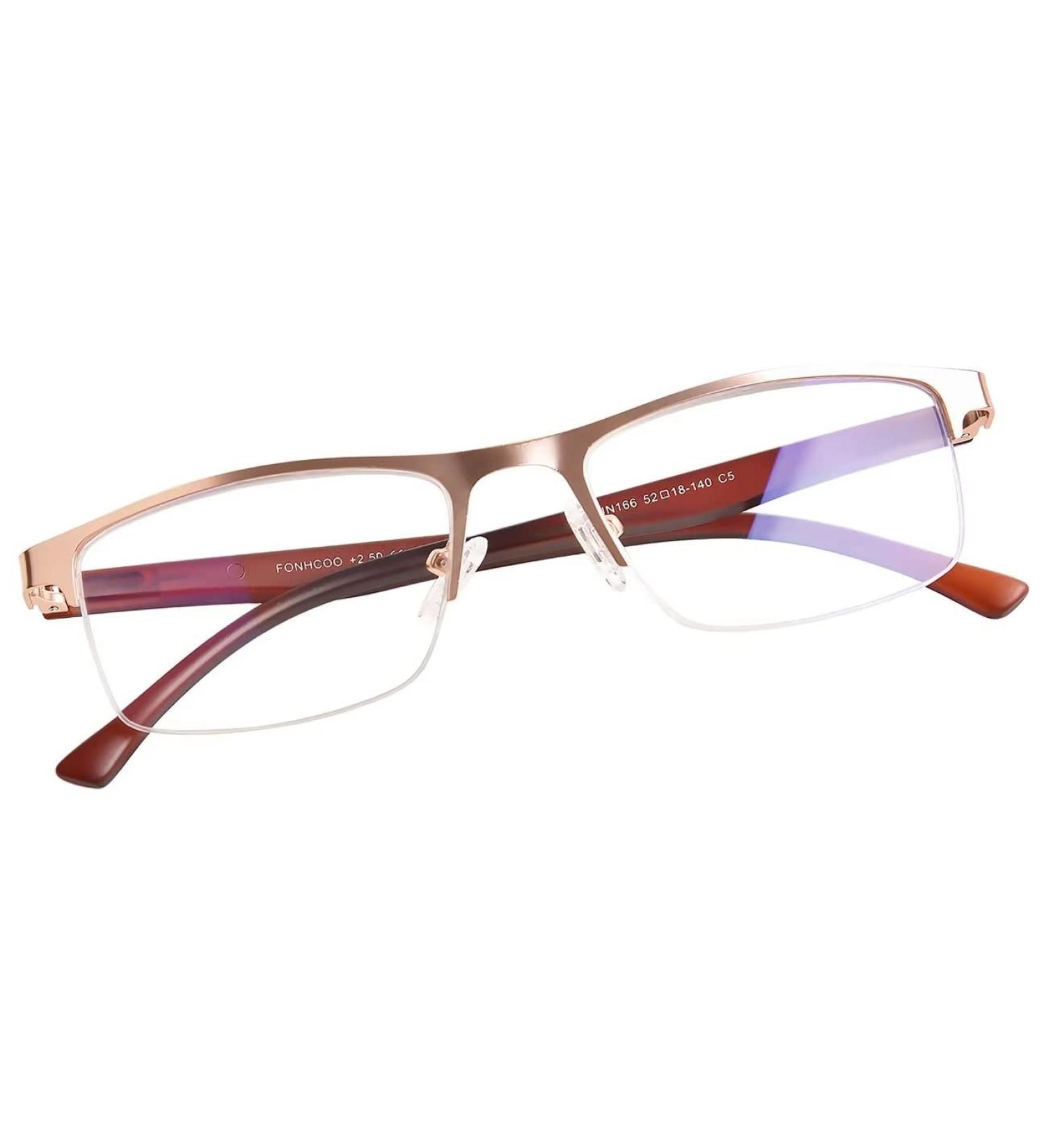 FONHCOO Half-Rim Reading Glasses for Men & Women - Blue Light Filter Visual Aid for Seniors - Stylish Gold Design - Buy Online on GoSupps.com