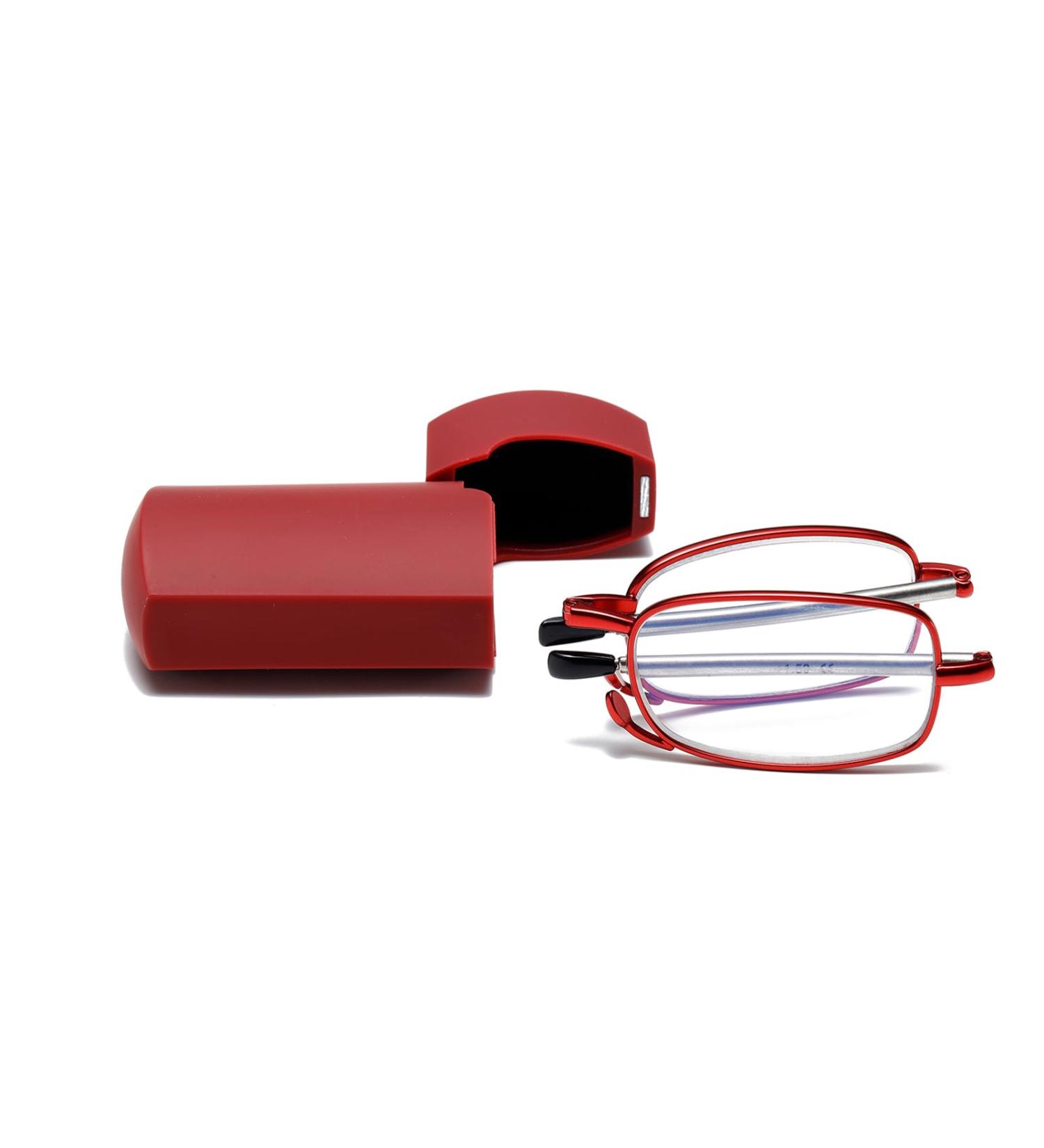 Hubeye Foldable Reading Glasses - Stainless Steel Anti-Blue Light Visual Aid for Men & Women - Includes Hard Shell Case - 3.00 Dioptries (Red) - Buy Online on GoSupps.com