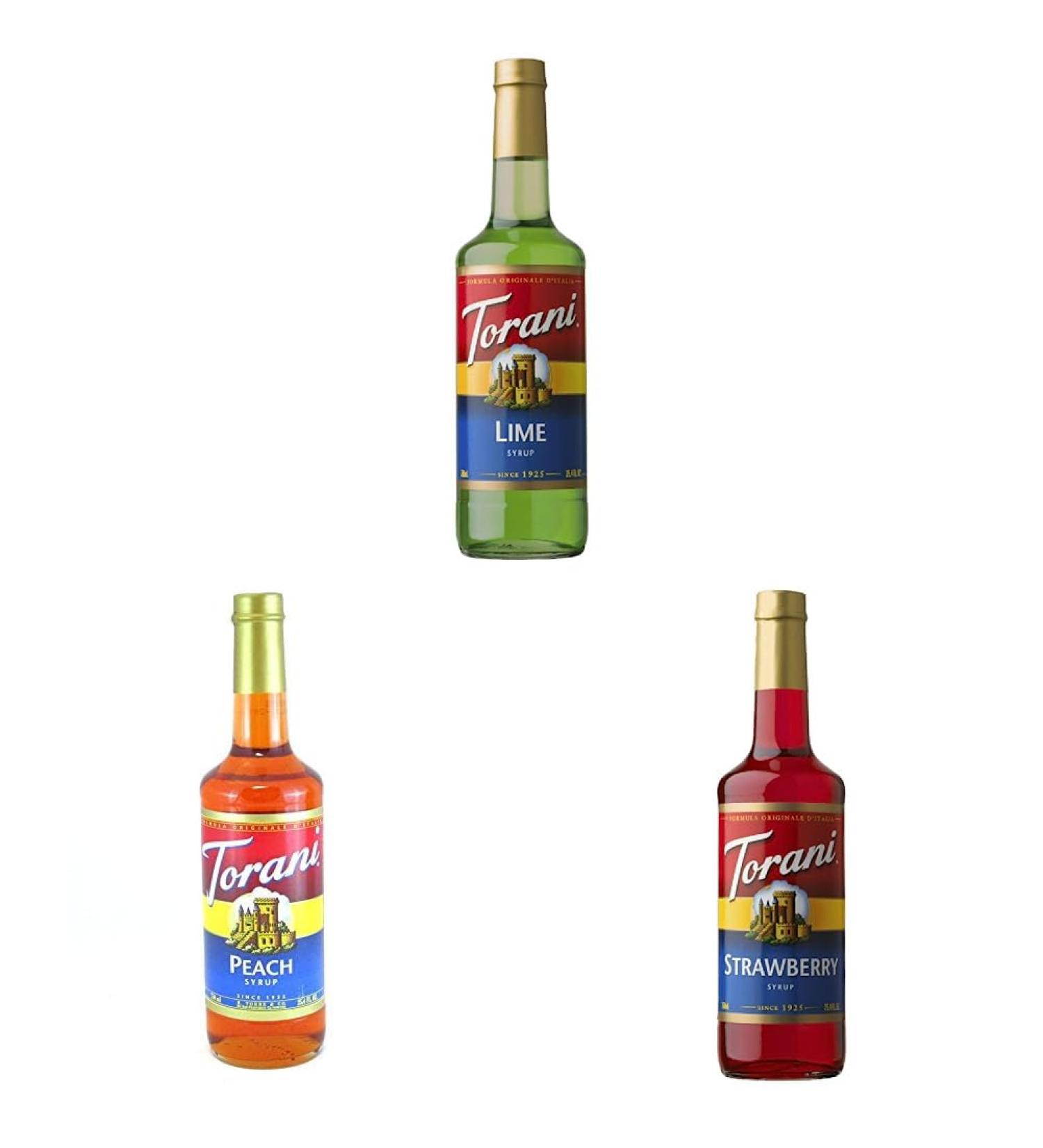 Torani Lime Flavour Syrup 750 Milliliter & Torani Peach Flavor Syrup 750ml & Torani C-34016 Syrup Strawberry 750 Milliliter (Pack of 1) Syrup+ Peach Syrup+ Syrup Strawberry - Buy Online on GoSupps.com