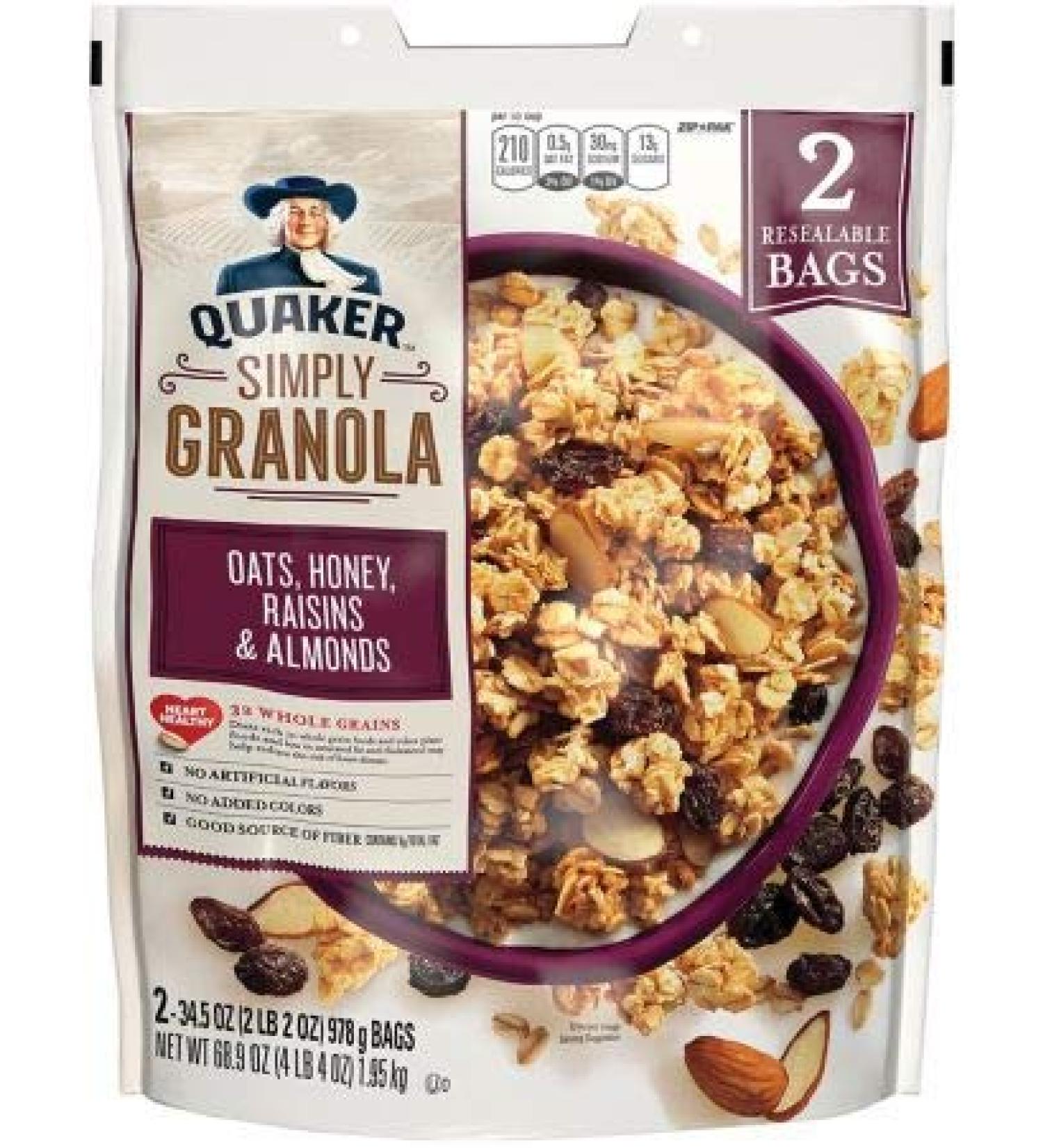 Quaker Simply Granola Oats, Honey, Raisins and Almonds, (2 pk./34.5 oz.) x2 AS 2.15 Pound (Pack of 2)
