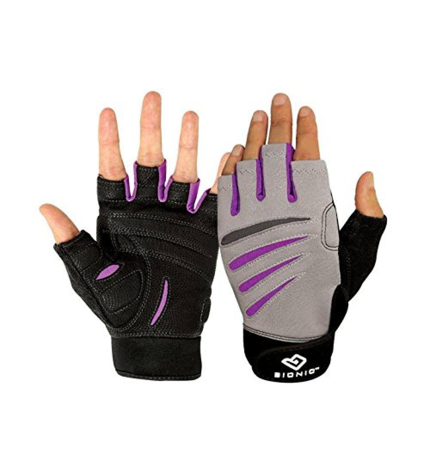 BIONIC Glove Women's Premium Finger Less Fitness Gloves w/Natural Fit Technology, Gray/Purple (Pair) Gray/Purple Large