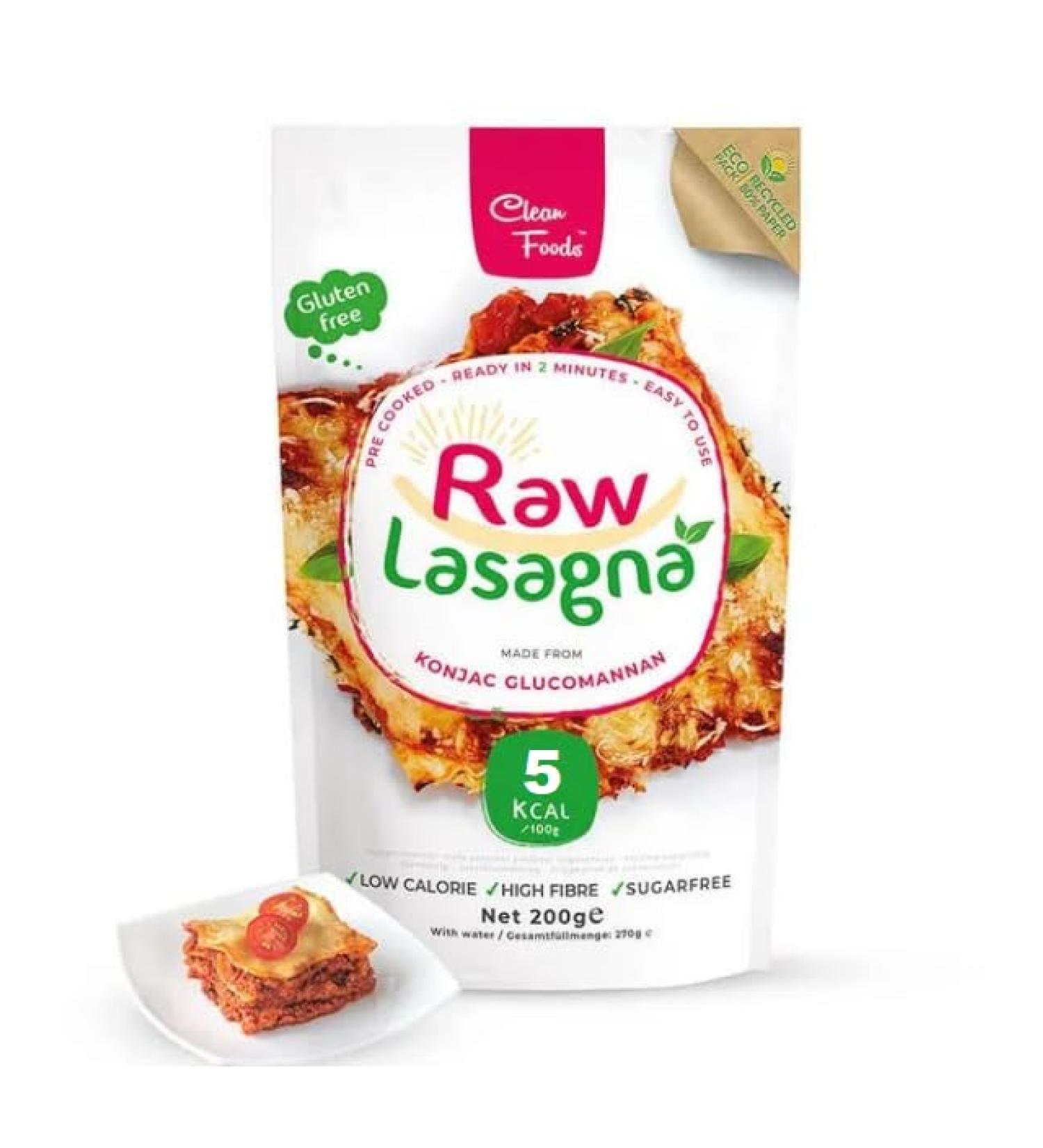 CleanFoods Raw Lasagna 8 x 200g Big Pack I Konjac noodles I vegan gluten free low carb I only 6 calories per 100g I ready in 2 minutes - Buy Online on GoSupps.com