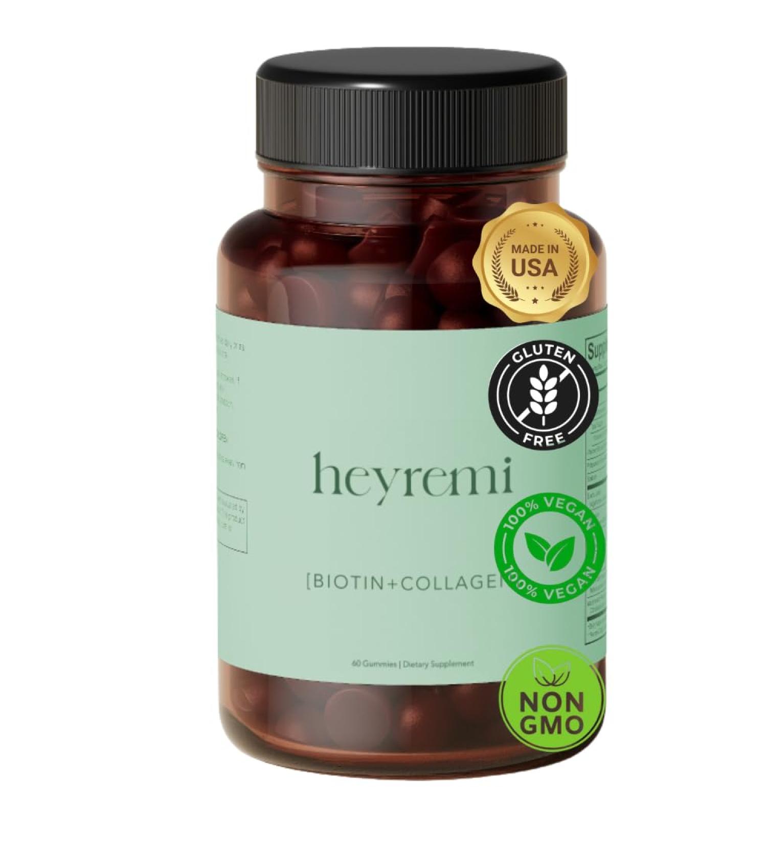 heyremi Advanced Biotin + Collagen Gummies Supports Hair Growth Skin Elasticity and Nail Strength Natural Berry Flavor Non-GMO Gluten-Free 60 Rapid Release Gummies - Buy Online on GoSupps.com