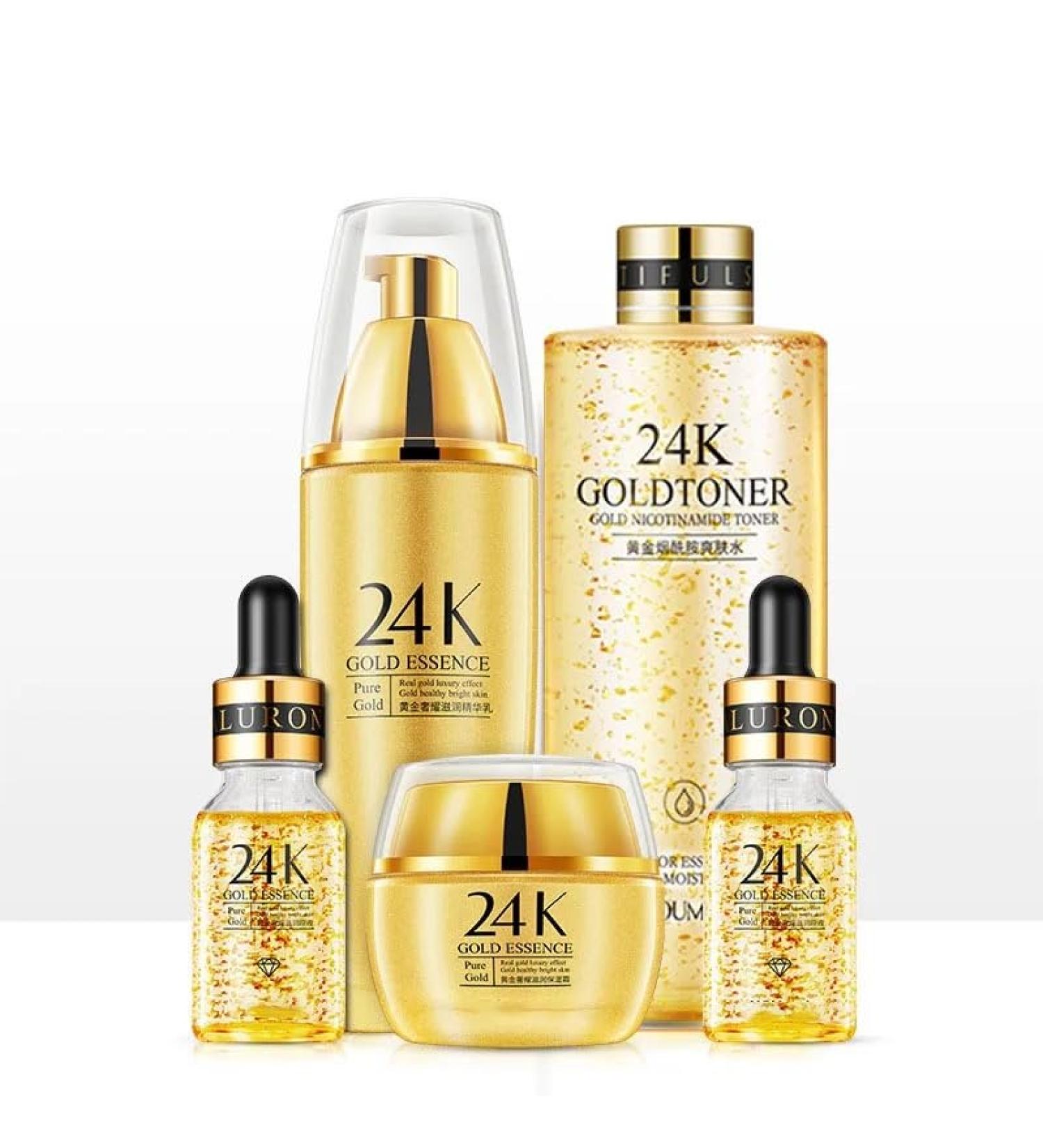 Lux 24K Gold 5-Piece Skincare Set Organic Collection with Gold Toner Essence Milk Serum Hyaluronic Acid Collagen Retinol Kojic Acid & Vitamin C Radiance & Luminous Glow for All Skin Types - Buy Online on GoSupps.com