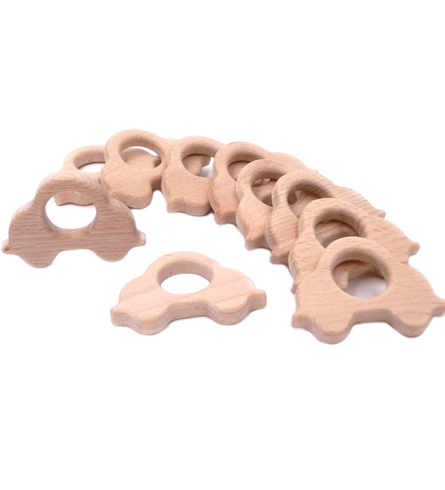 Wendysun 10pcs Cartoon Animal Car Shape Wood Teether Set for Baby Teething - Natural Beech Teething Nursing Toy DIY Pendant - Buy Online on GoSupps.com