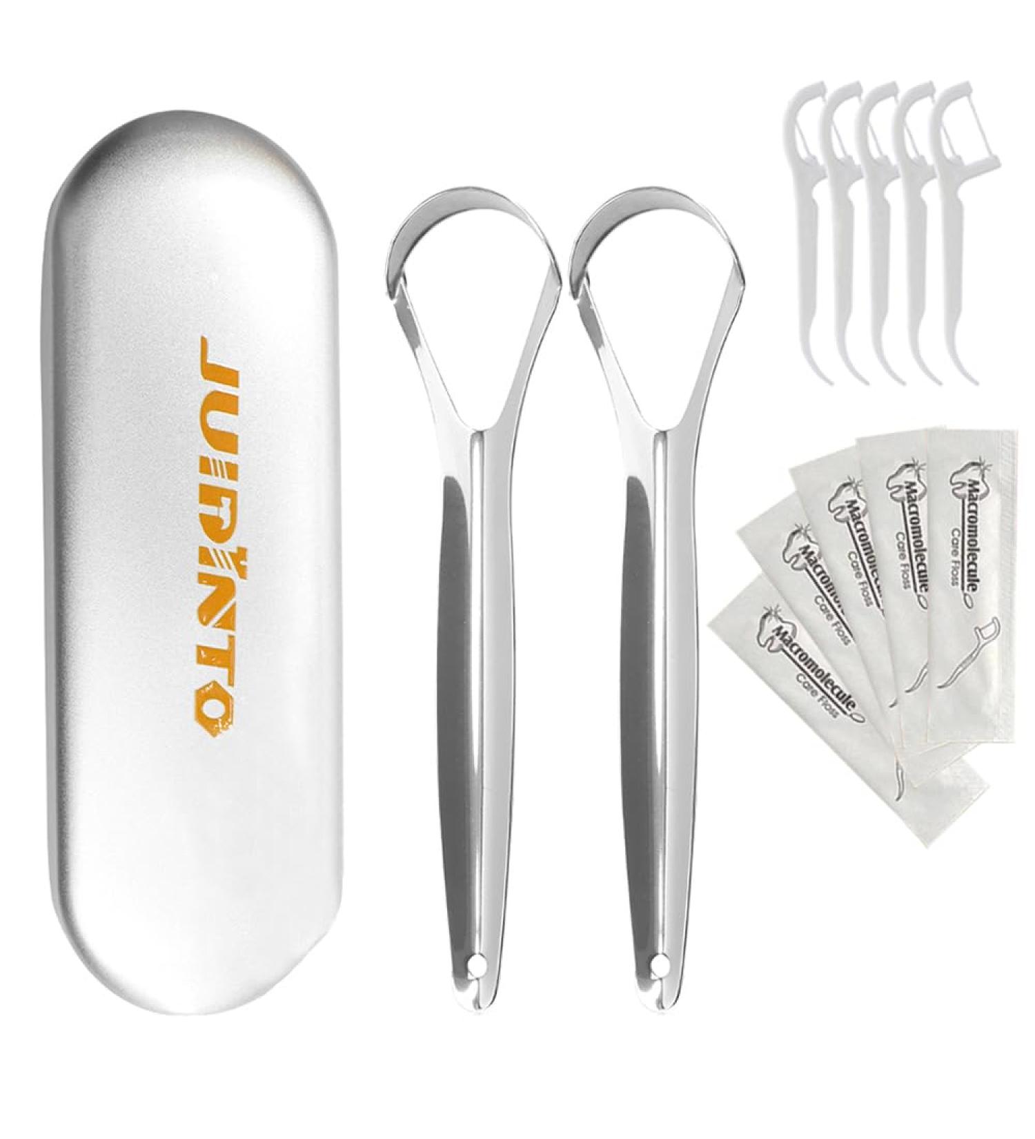 Premium Tongue Scraper Set - 2 Stainless Steel Scrapers & 10 Dental Floss Picks with Travel Case Cure Bad Breath & Enhance Oral Hygiene - Buy Online on GoSupps.com