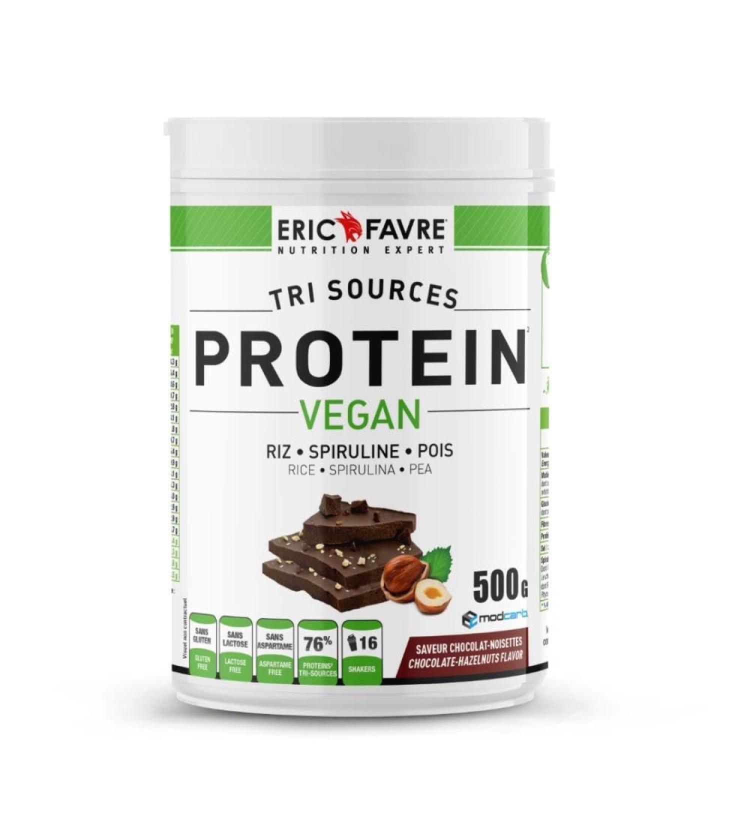 Vegan Proteins Tri-Source Tasty Vegan Vegetable Proteins Muscle Development Spirulina Rice Peas Quickly Assimilable 500 g French Laboratory Eric Favre (Chocolate Hazelnut) - Buy Online on GoSupps.com