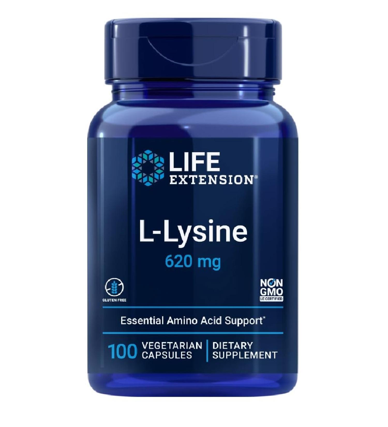 Life Extension L-Lysine 620mg 100 Veggie Capsules - Immune Support and Wellness