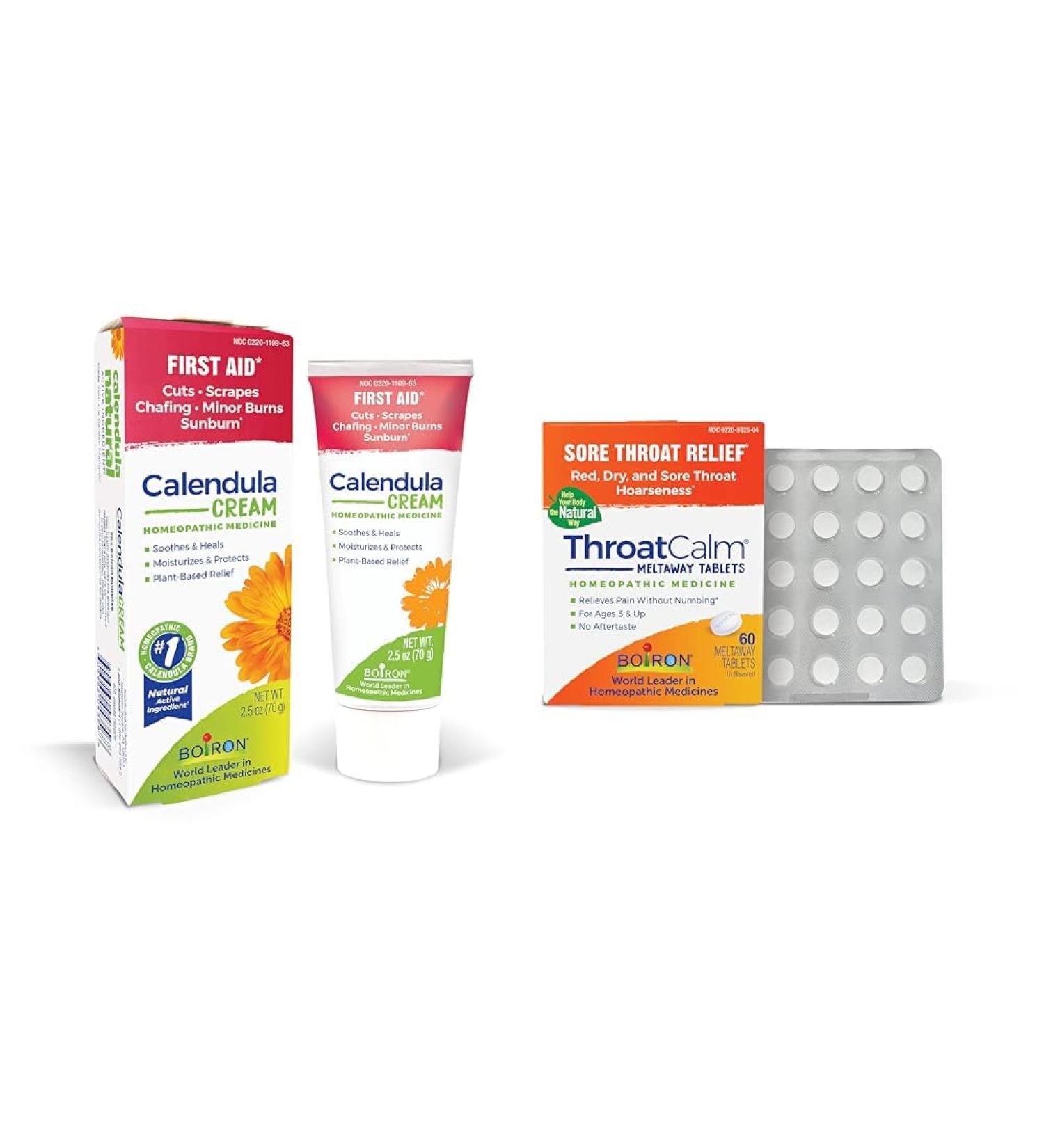 Boiron Calendula Cream and ThroatCalm Tablets Bundle - 2.5 oz Cream and 60 Count Tablets Cream + ThroatCalm - Buy Online on GoSupps.com