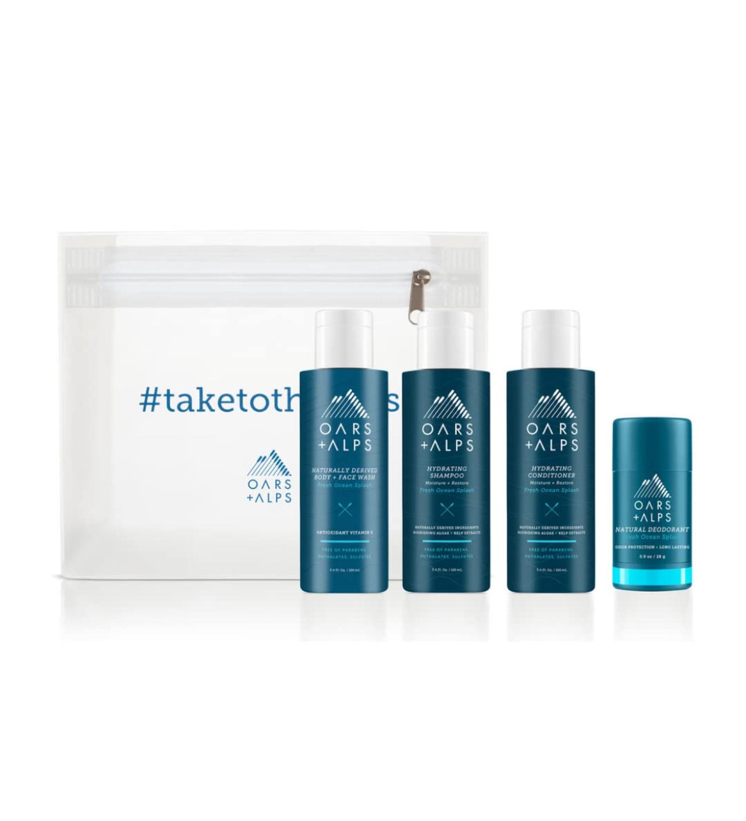 Oars + Alps Men's Hair and Body Travel Kit - Sulfate Free Shampoo, Conditioner, Body Wash, Deodorant - TSA Friendly, 5 Items in Reusable Pouch - Buy Online on GoSupps.com