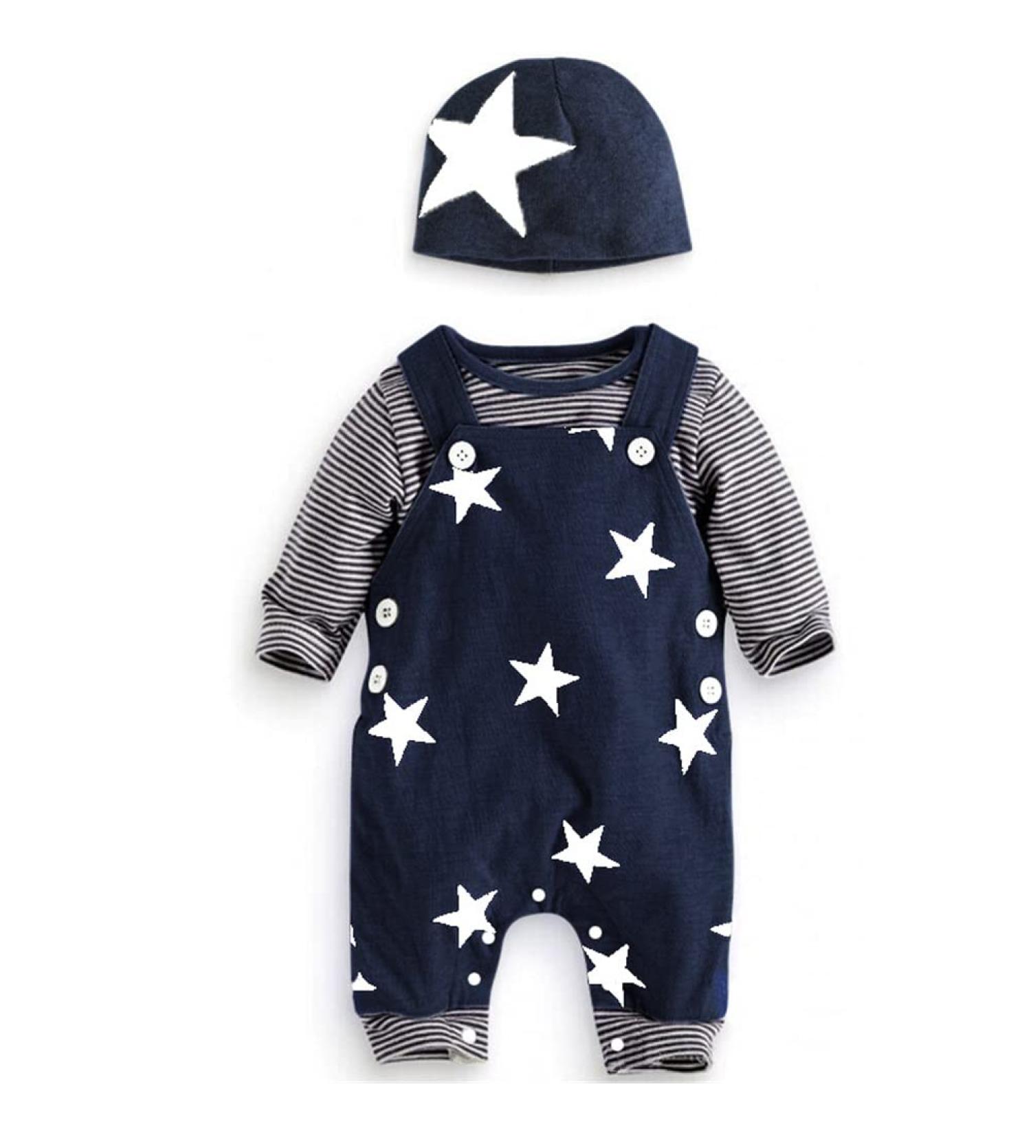 Baby Boys 3pcs Clothing Set: Romper, Dungarees, Hat | Blue | 0-3 Months - Buy Online on GoSupps.com