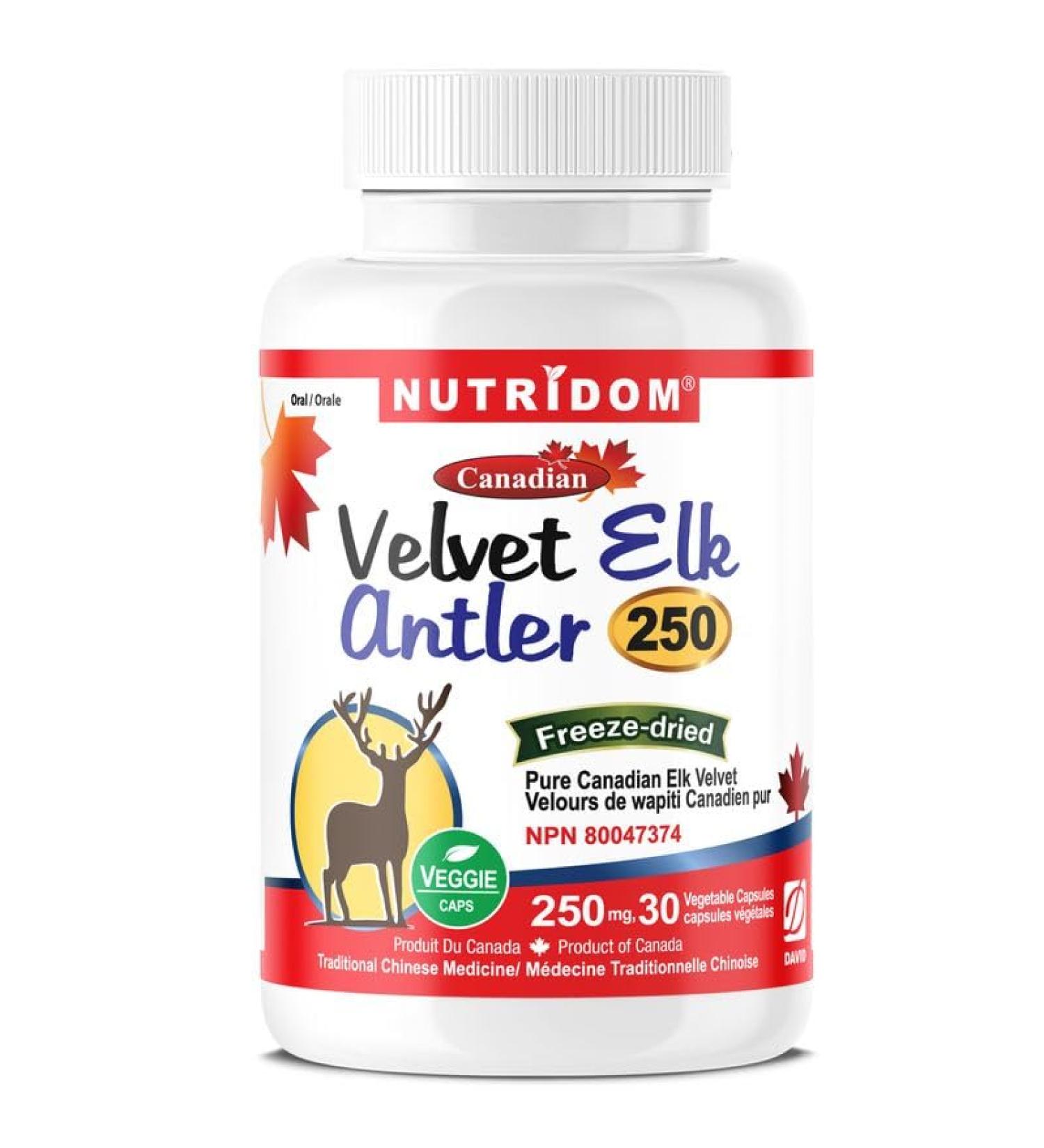 Nutridom Velvet Elk Antler 250mg 100% Canadian Freeze-Dried Non-GMO NO Additives Gluten Free Made in Canada (30 Veggie Capsules) - Buy Online on GoSupps.com