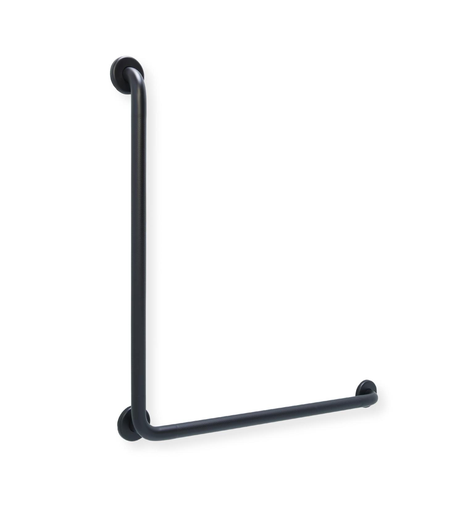 grabbarscanada.com 90 Deg L-Shape Grab Bar 30 inch x 30 inch Matte Black with knurled grip 1.25 inch diameter