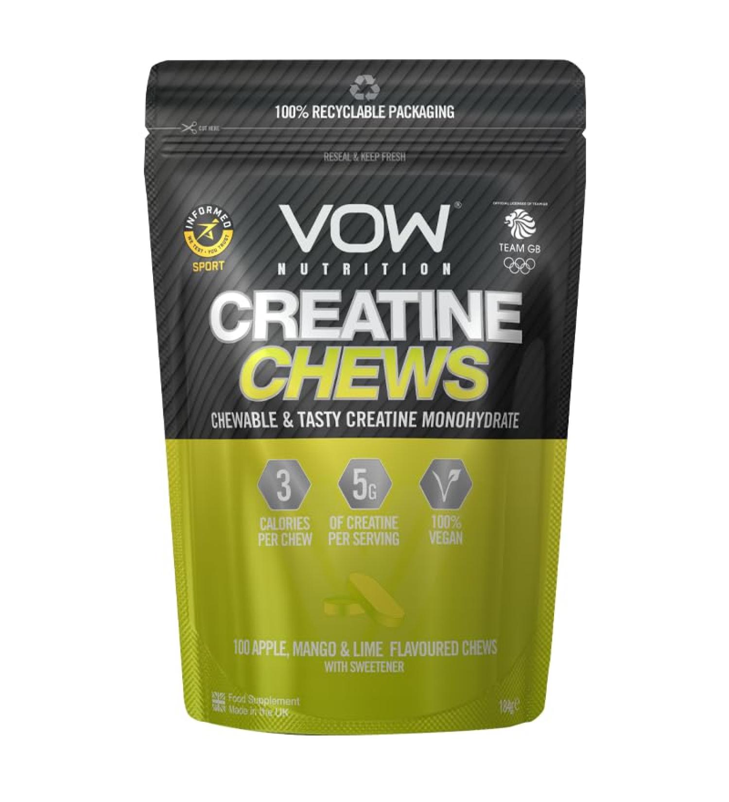 VOW Nutrition Creatine Chews 100 Flavoured Chews | Convenient & Tasty Creatine Monohydrate | Apple Mango & Lime Flavor | Informed Sports Approved - Buy Online on GoSupps.com