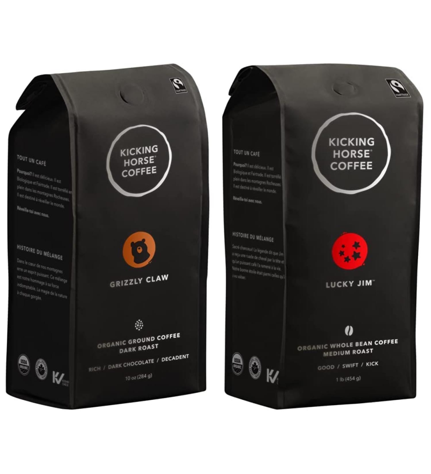 Kicking Horse Coffee Grizzly Claw Dark Roast Ground 284 g - Certified Organic Fairtrade Kosher Coffee & Lucky Jim Medium Roast Whole Bean 1 lb Fairtrade Kosher Coffee 454 g (Pack of 1) Grizzly Claw Dark Roast Ground Horse Coffee + Coffee Lucky Jim - Buy Online on GoSupps.com