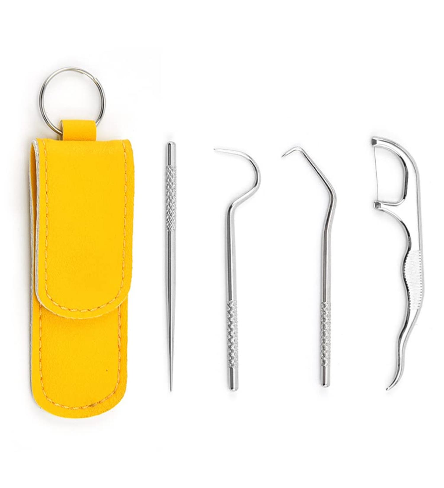 Stylenbest 4-Part Portable Stainless Steel Tooth Holder Set | Tartar Remover & Mouth Care Kit for Camping | Yellow Leather Case - Buy Online on GoSupps.com
