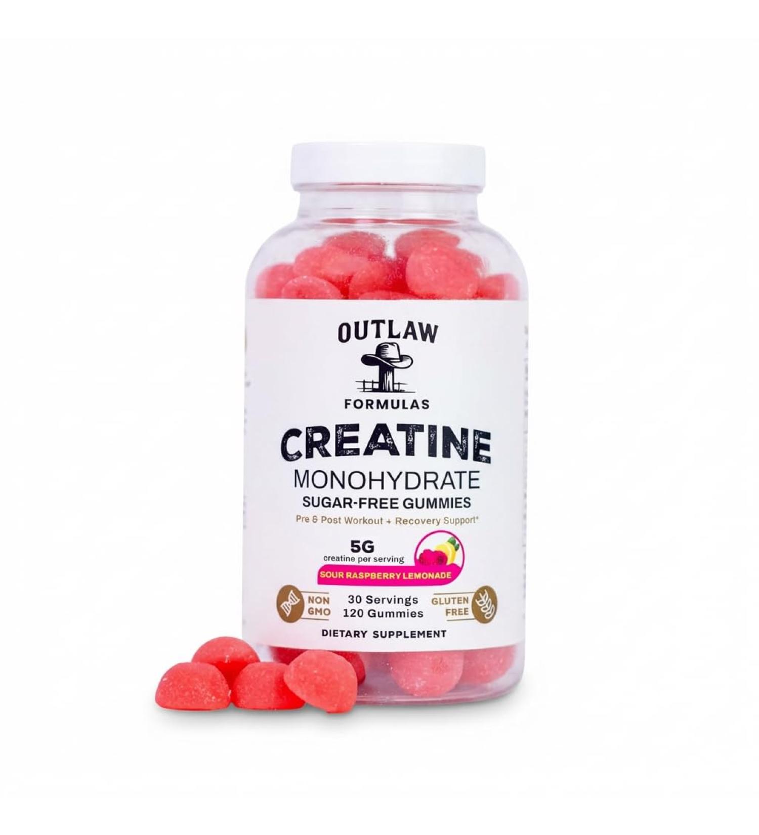 Outlaw Formulas Creatine Gummies 5g Sugar Free Creatine Monohydrate Sour Raspberry Lemonade 30 Servings Third Party Lab Tested Made in USA for Muscle Strength and Recovery - Buy Online on GoSupps.com