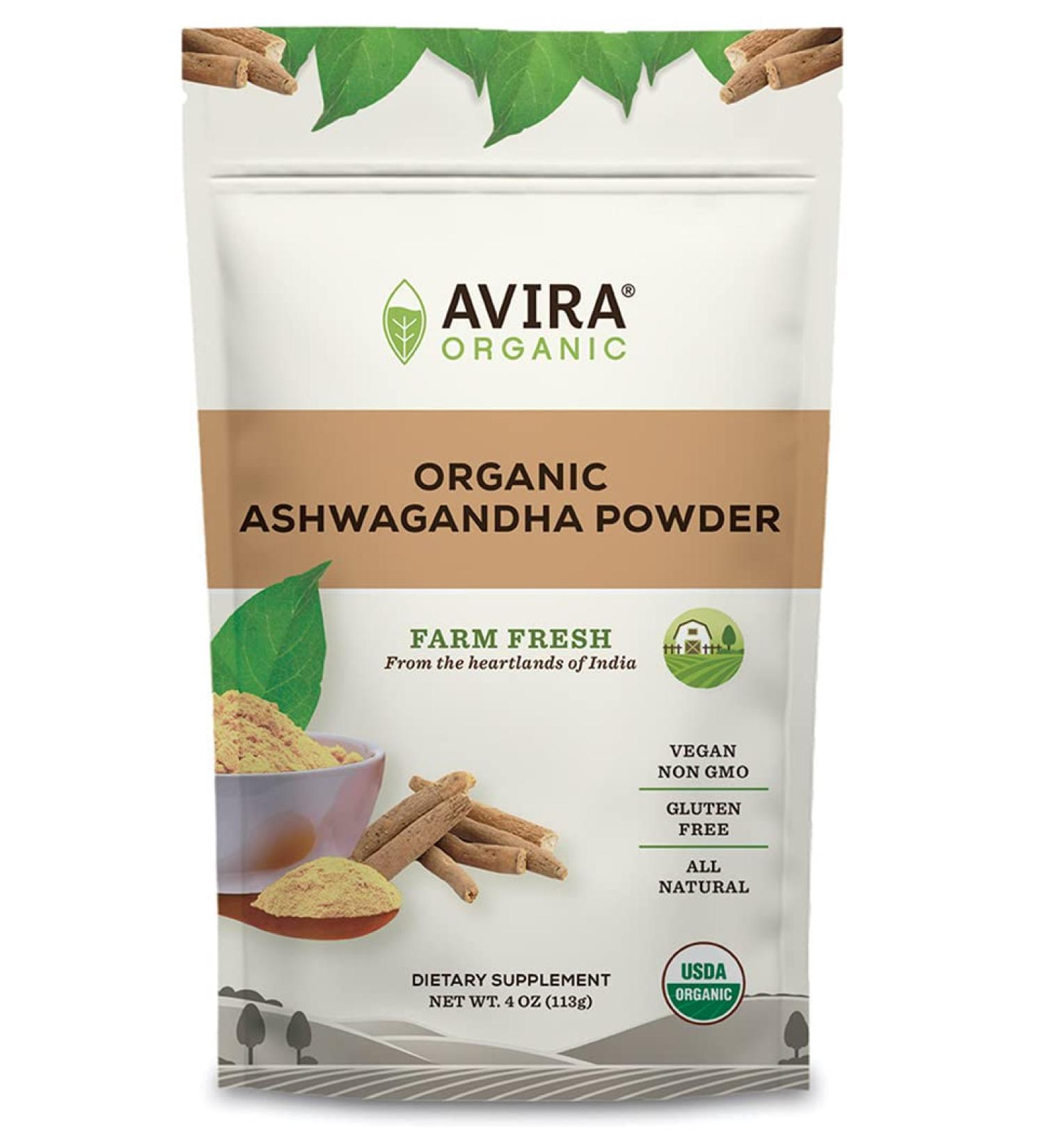 Avira Organic Ashwagandha Powder - 4 Oz Pack - Allergen-Free Vegan Superfood for Smoothies, Baking, Tea & Lattes - Non-GMO Indian Ginseng in Resealable Bag - Buy Online on GoSupps.com