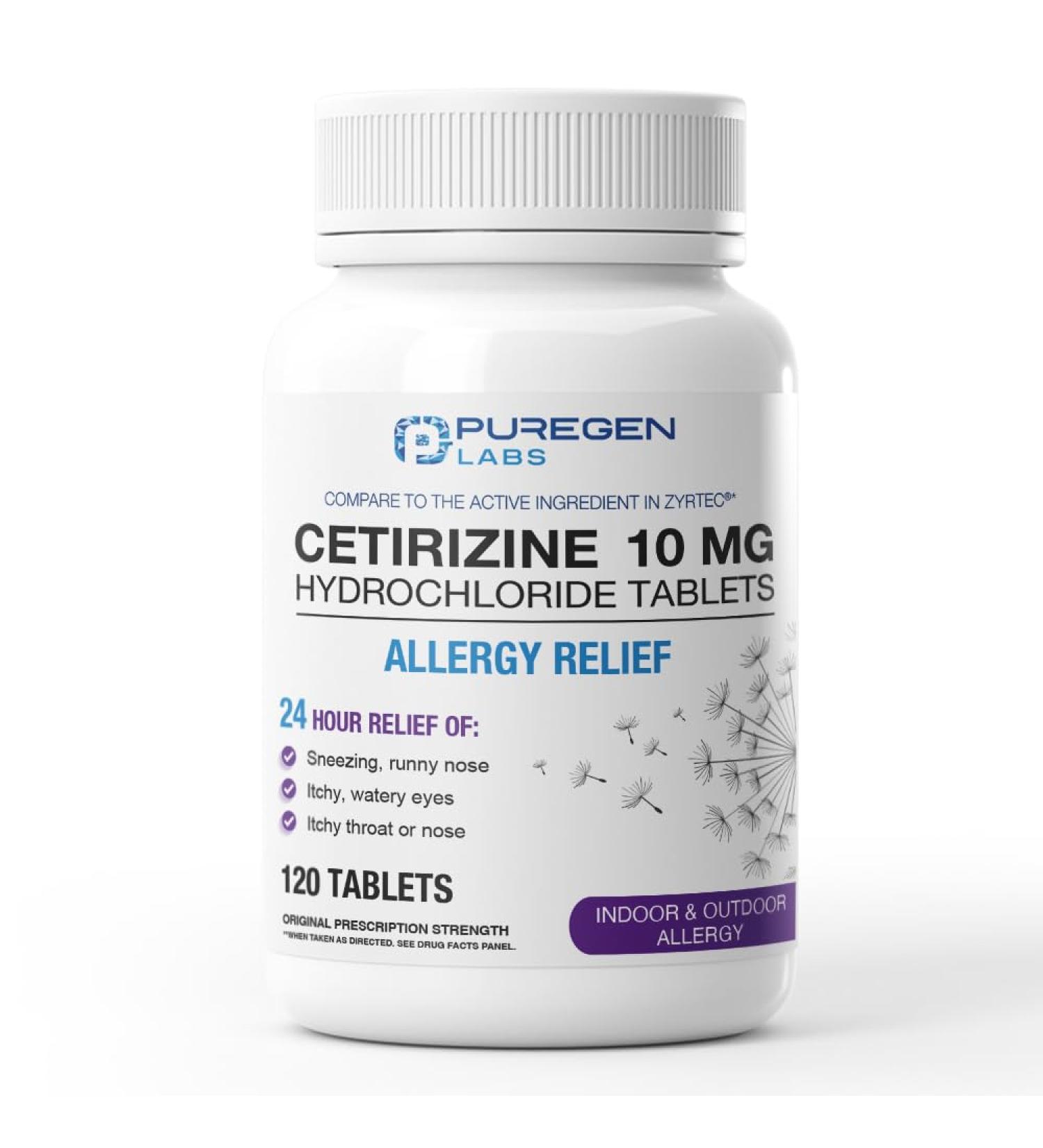 Puregen Labs 24-Hour Allergy Relief Cetirizine 10mg 120 Tablets 24 Hour Non-Drowsy Antihistamine Allergy Medicine for Runny Nose Sneezing Itchy Watery Eyes cetirizine 10 mg 120 Count - Buy Online on GoSupps.com