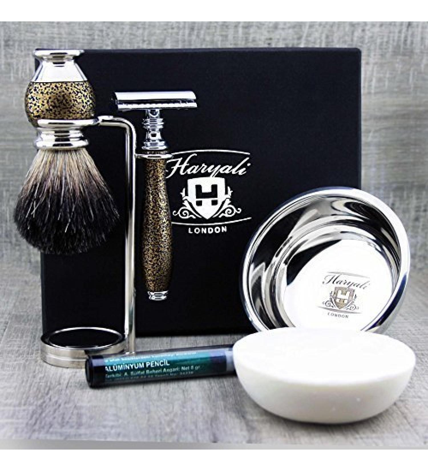 Premium 5-Part Shaving Set - Pure Roof Hair Brush Razor Planer Stand & Bowl Soap + Free Aluminum Stick | Gold Antique Special Collection - Perfect Gift for Him - Buy Online on GoSupps.com