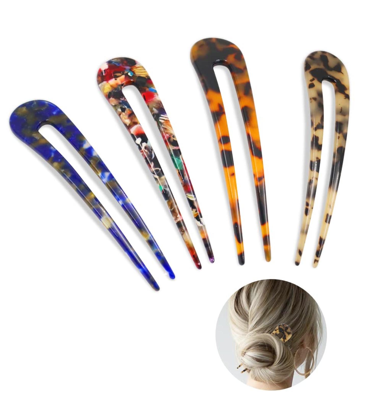 4pcs U Shaped Tortoise Shell Hair Pins | French Style Hair Forks for Long Hair - Multicolor Hair Accessories - Buy Online on GoSupps.com