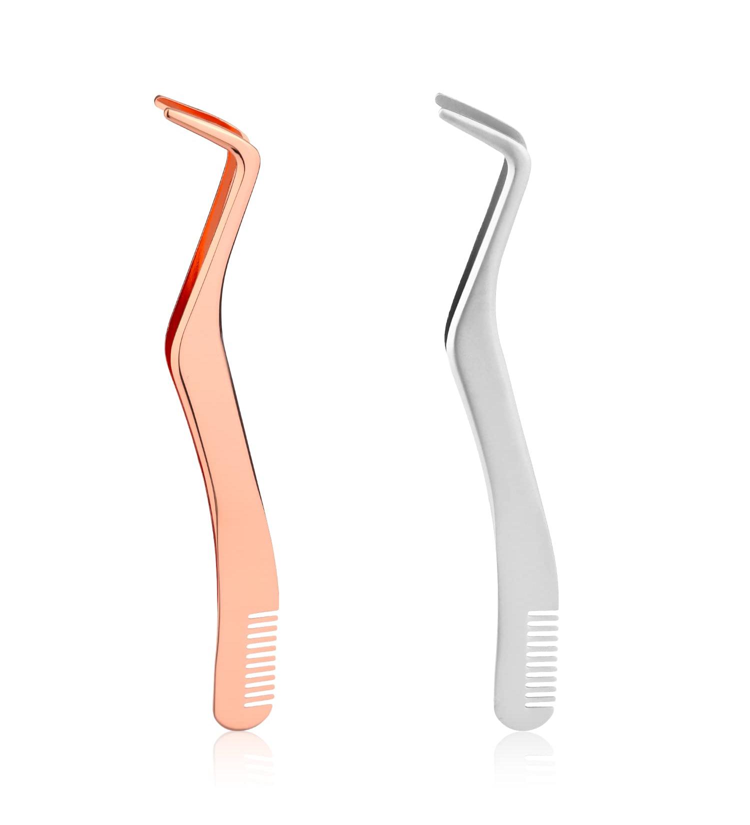 2pcs Stainless Steel Eyelash Extension Tweezers Set with Comb - False Lash Application Tool for Women, Girls, Beginners, Makeup Artists - Silver & Rose Gold - Buy Online on GoSupps.com