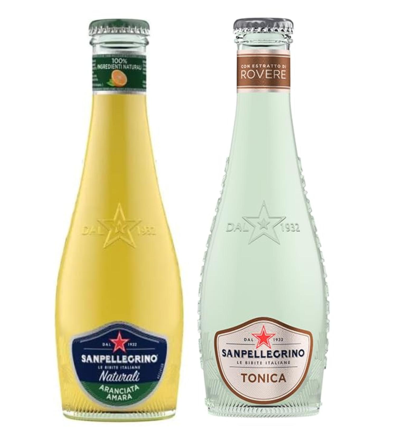San Pellegrino Aranciata Amara Pack of 48 soft drinks with bitter orange + disposable glass bottle Tonica Rovere 20 cl - Buy Online on GoSupps.com