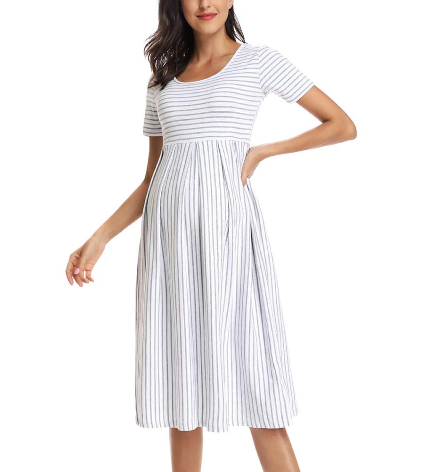Love2Mi Short-Sleeve Maternity Dress XL - White Grey Stripe | Casual A-Line Midi Pregnant Dress - Buy Online on GoSupps.com