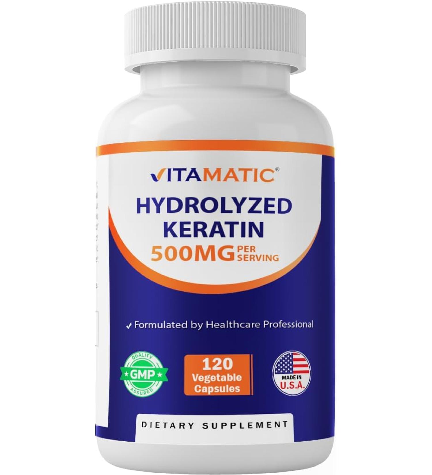 Vitamatic Hydrolyzed Keratin 500mg per Serving - 120 Vegetarian Capsules - Keratin Supplements for Healthy Hair Skin & Nails for Adults 120 Count (Pack of 1) - Buy Online on GoSupps.com