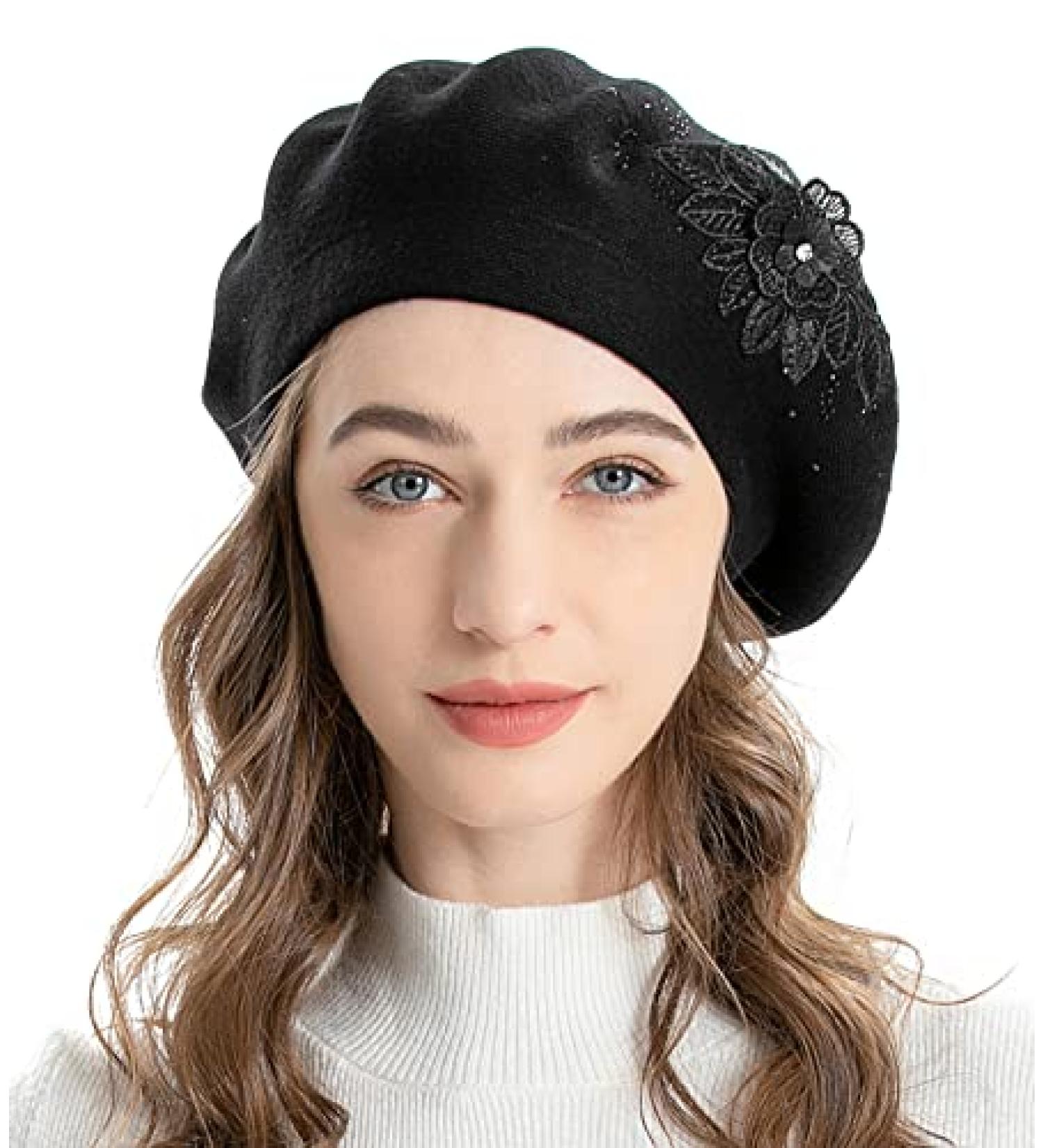 ZLYC Womens Reversible Cashmere French Beret Hat - Warm Beret Cap for Girls - Flower Black - Buy Online on GoSupps.com
