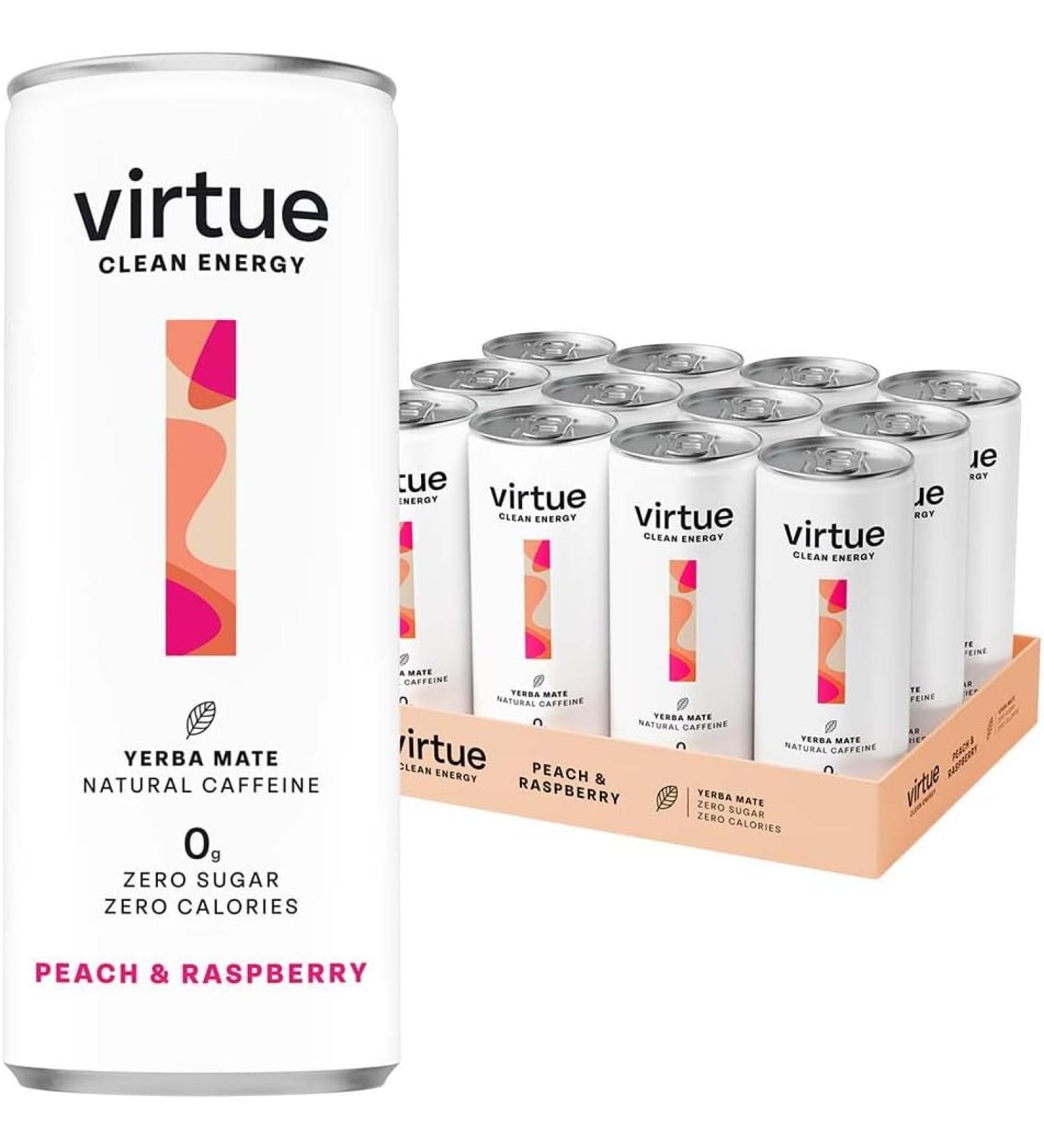 Virtue Yerba Mate - Natural Energy Drink - Sugar Free, Zero Calories, Vegan, Keto Friendly, Gluten Free - 12 x 250ml (Peach & Raspberry) - Buy Online on GoSupps.com