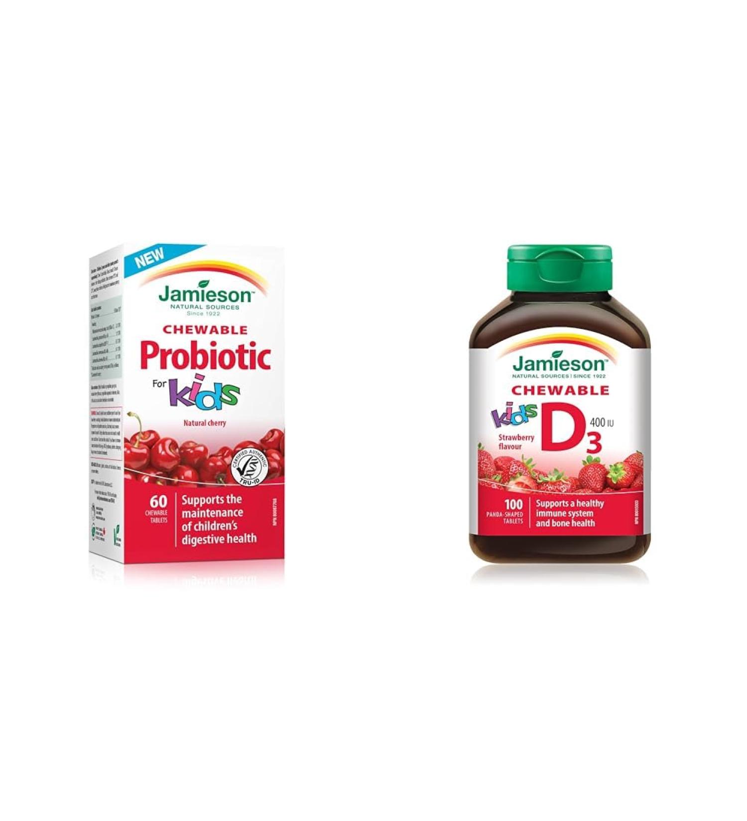 Jamieson Chewable Probiotic for Kids 5 Billion Active Cells - Natural Cherry Flavour & Vitamin D3 for Kids 400 IU - Strawberry Flavour Chewable Tablets + Vitamin D3 - Buy Online on GoSupps.com