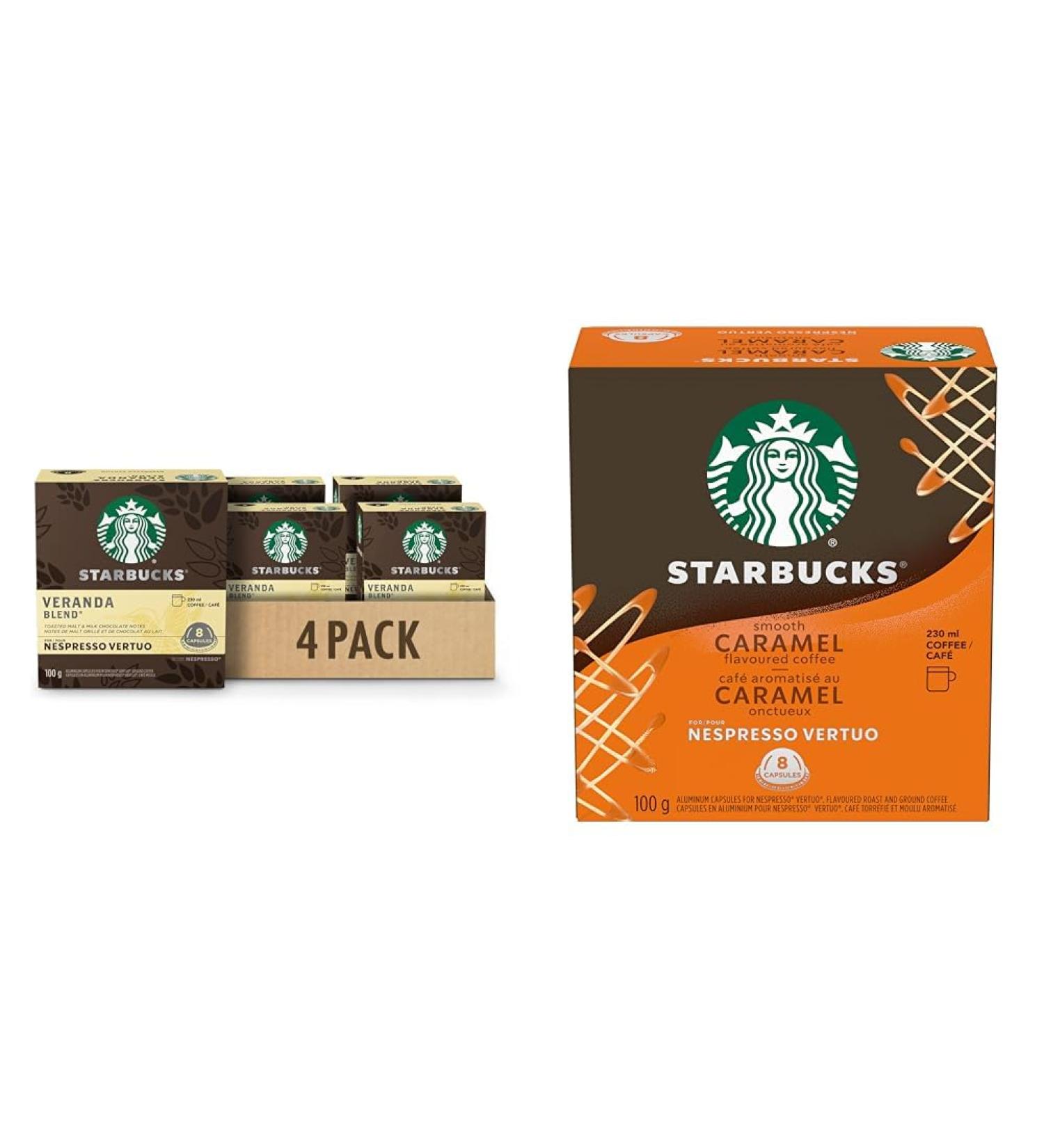 STARBUCKS Veranda Blend for Nespresso Vertuo Blonde Roast Coffee Pods 8 K-Cup Capsules Pack of 4 & Smooth Caramel For NESPRESSO VERTUO Flavoured Blonde Roast Notes of Buttery Caramel and Vanilla Coffee+Smooth Caramel Veranda 1 count (Pack of 4) - Buy Online on GoSupps.com