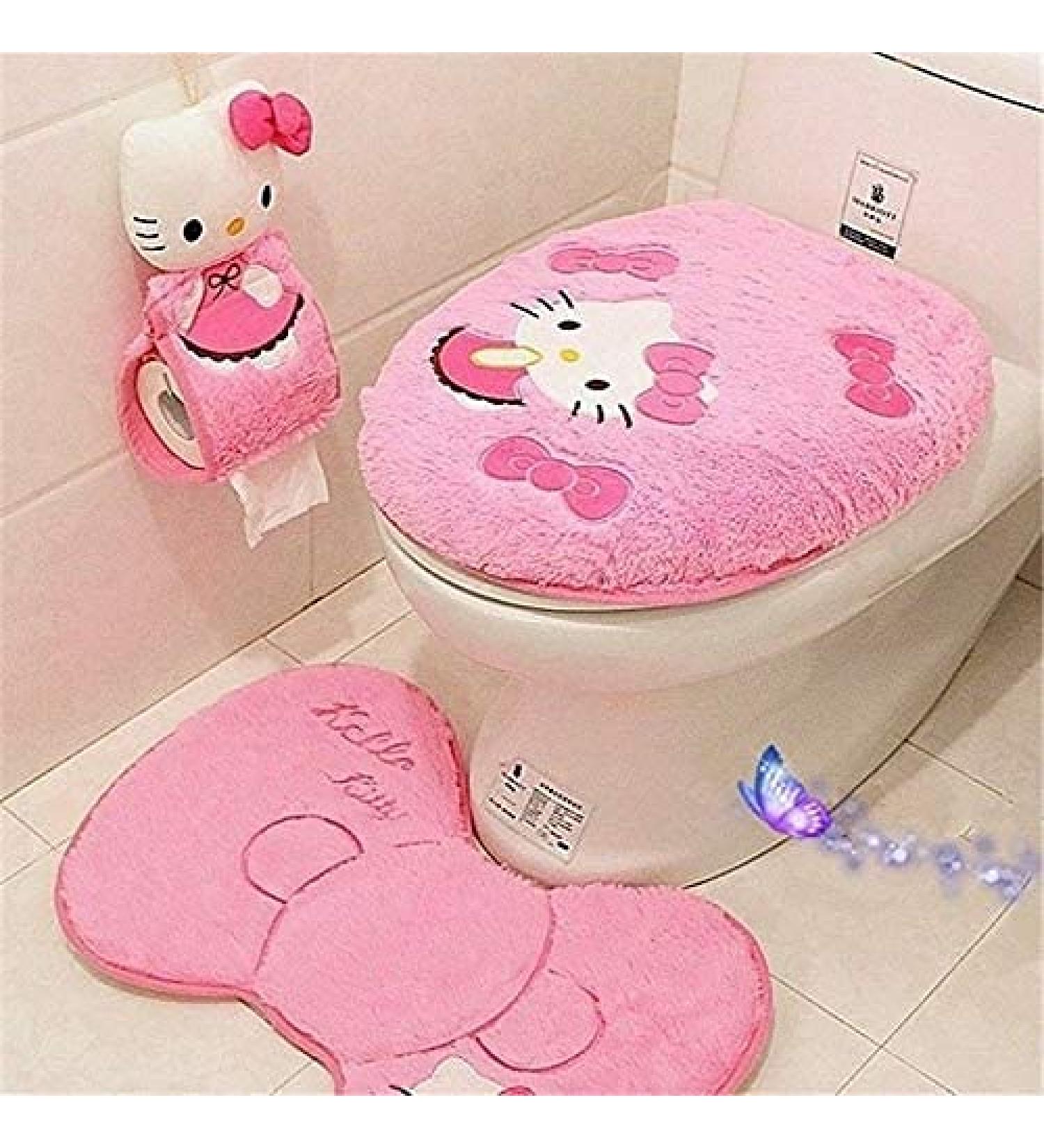 Eriks Hello Kitty Pink Bathroom Set - Toilet Cover, WC Seat Cover, Bath Mat Holder - Buy Online on GoSupps.com