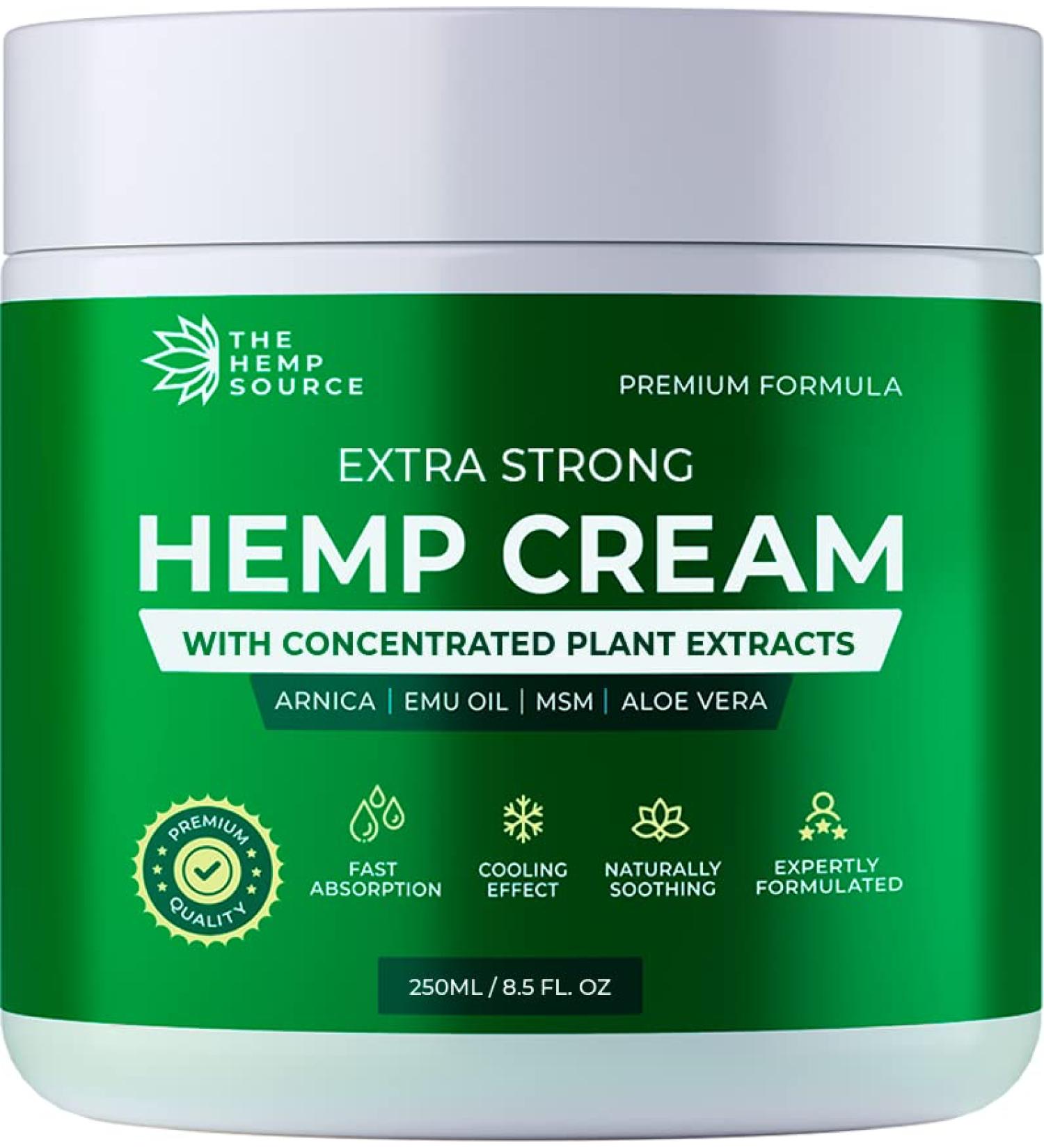 Hemp Cream Extra Strong | High Strength Hemp Oil Formula | Hemp Oil + Emu Oil Arnica MSM Aloe Vera | Rich in Natural Extracts | Soothe Back Neck Hands Feet | Large 250ml Tub - Buy Online on GoSupps.com