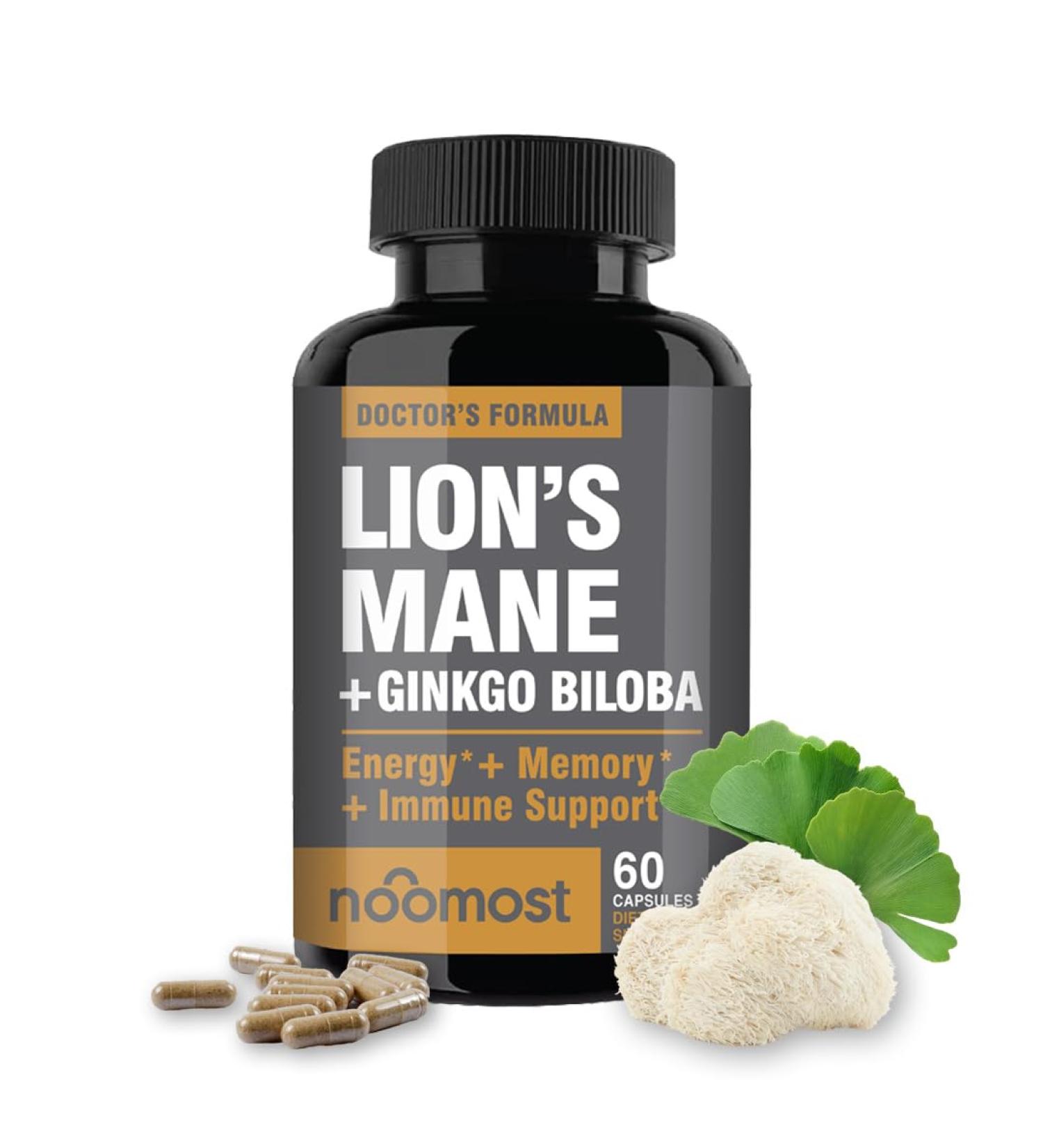 NooMost Lions Mane Supplement Organic Capsules - With Ginkgo Biloba - Cognitive Health Focus & Memory Support - Natural Superfood for Brain Energy & Immune Health - Non GMO- 60 Caps - 2 Month Supply 540 mg - Buy Online on GoSupps.com