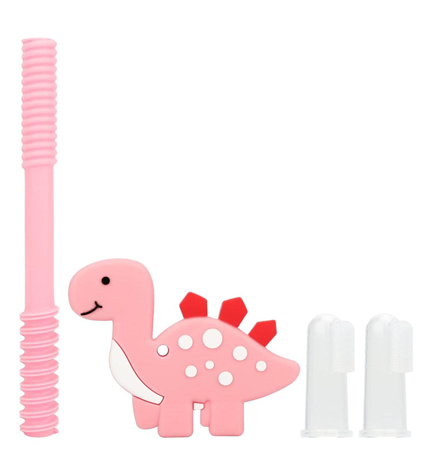 BPA Free Silicone Baby Teething Tubes for Infants | Dinosaur Teethers for 6-12 Months | Includes 2 Finger Toothbrushes | Perfect Baby Gift - Buy Online on GoSupps.com