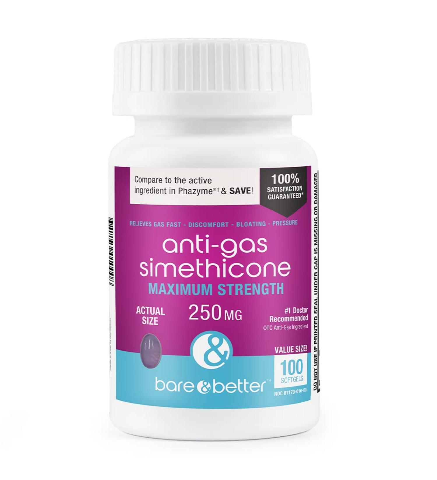 BARE & BETTER Gas Relief SoftGels 250mg - 100 Count Value Size - Maximum Strength Simethicone for Fast Relief - Buy Online on GoSupps.com