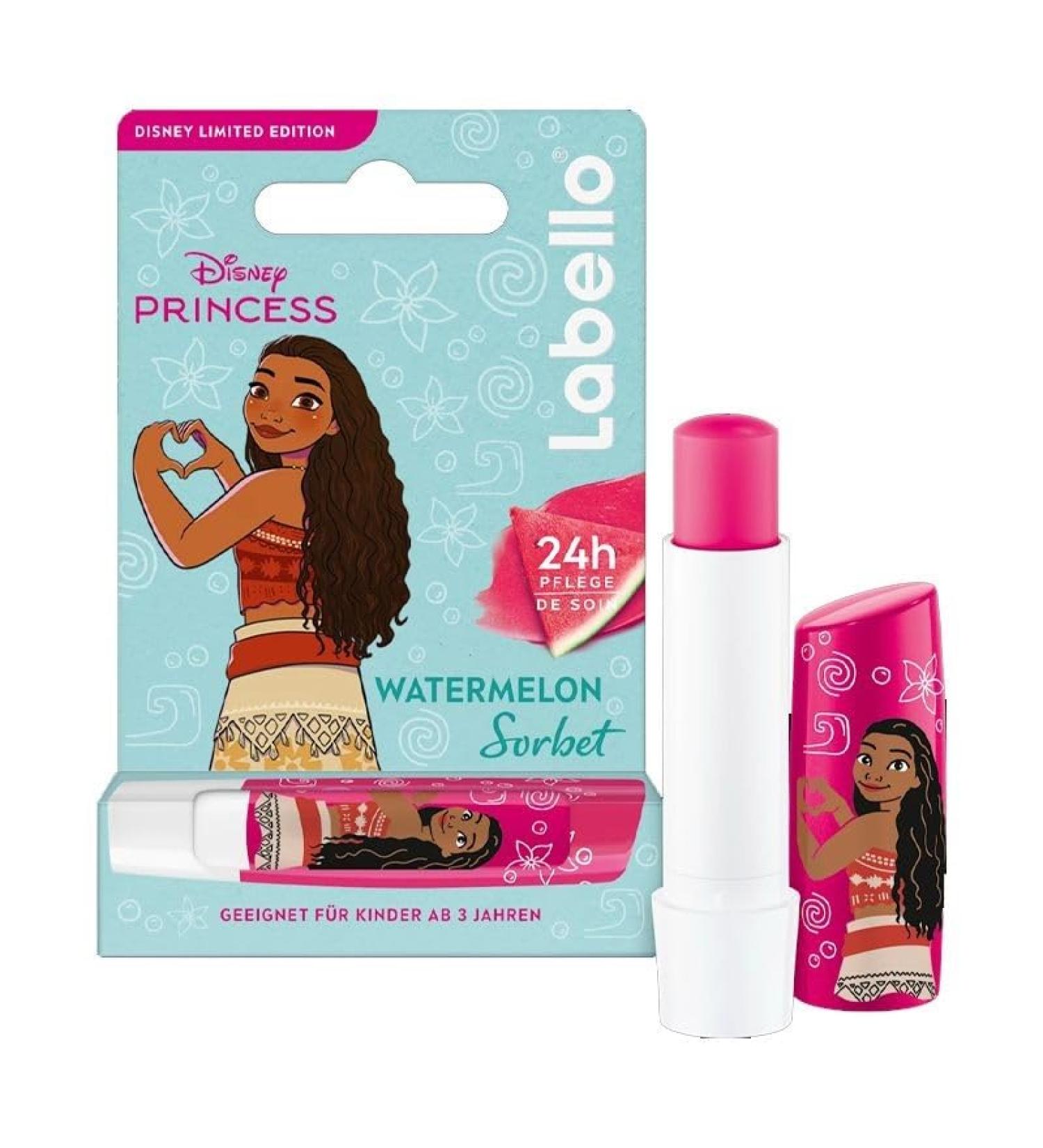 Labello Labello Disney Princess Limited Edition Watermelon Shine 4.8 g Tinted Lip Balm with Moana of Oceania Burrocacao Girl 3+ 24h Moisturizing Burrocacao Lip Balm with Watermelon Flavor