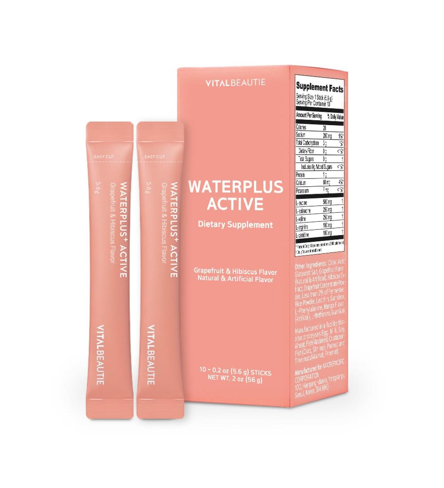 Waterplus Active Vegan Electrolyte Drink Mix - BCAA L-Arginine & L-Carnitine - 10 Sticks (Grapefruit & Hibiscus) by AMOREPACIFIC | International Shipping Available - Buy Online on GoSupps.com