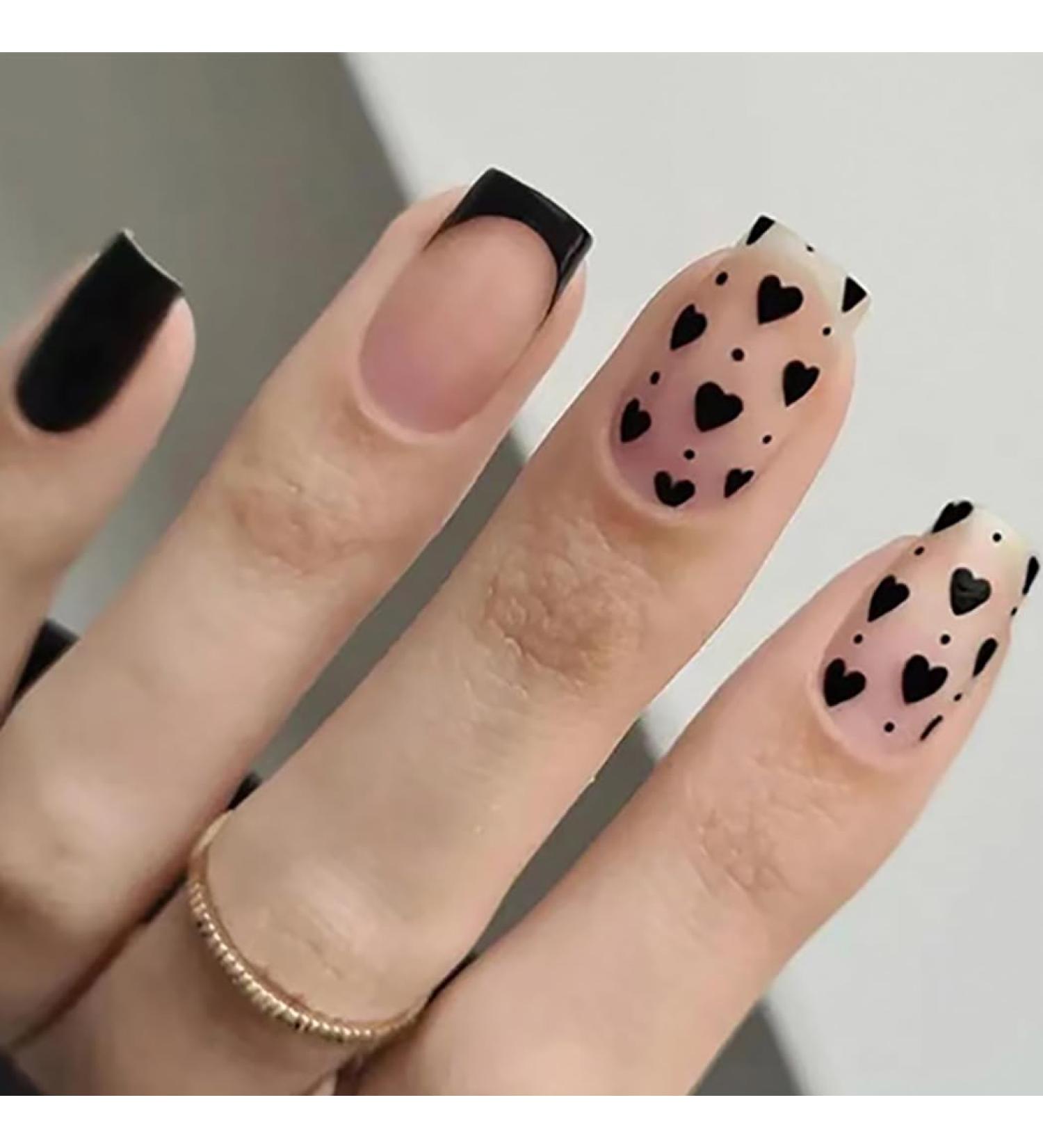 OnSaya Coffin False Nails French Short Press on Nails Black Heart Stick on Nails Pink Fake Nails 24pcs for Women and Girls 1 count (Pack of 1) Pink - Buy Online on GoSupps.com