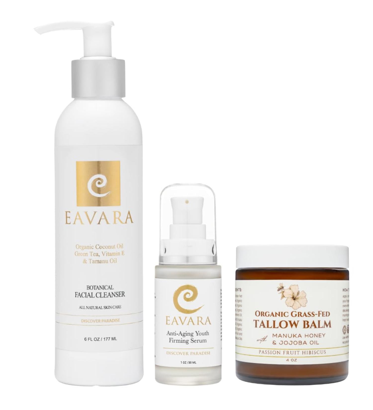 Eavara Cleanser Facial Serum and Tallow Balm Set Organic Skincare Trio with Grass-Fed Tallow Activated Charcoal Vitamin C and Hyaluronic Acid Purifies Hydrates and Helps Reduce Fine Lines - Buy Online on GoSupps.com