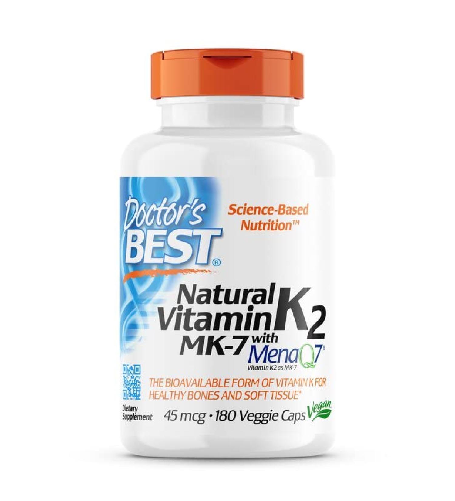 Doctor's Best Natural Vitamin K2 MK-7 45mcg 180 Vegan Capsules | Lab Tested | Gluten Free | SOYA Free | Vegetarian - Buy Online on GoSupps.com